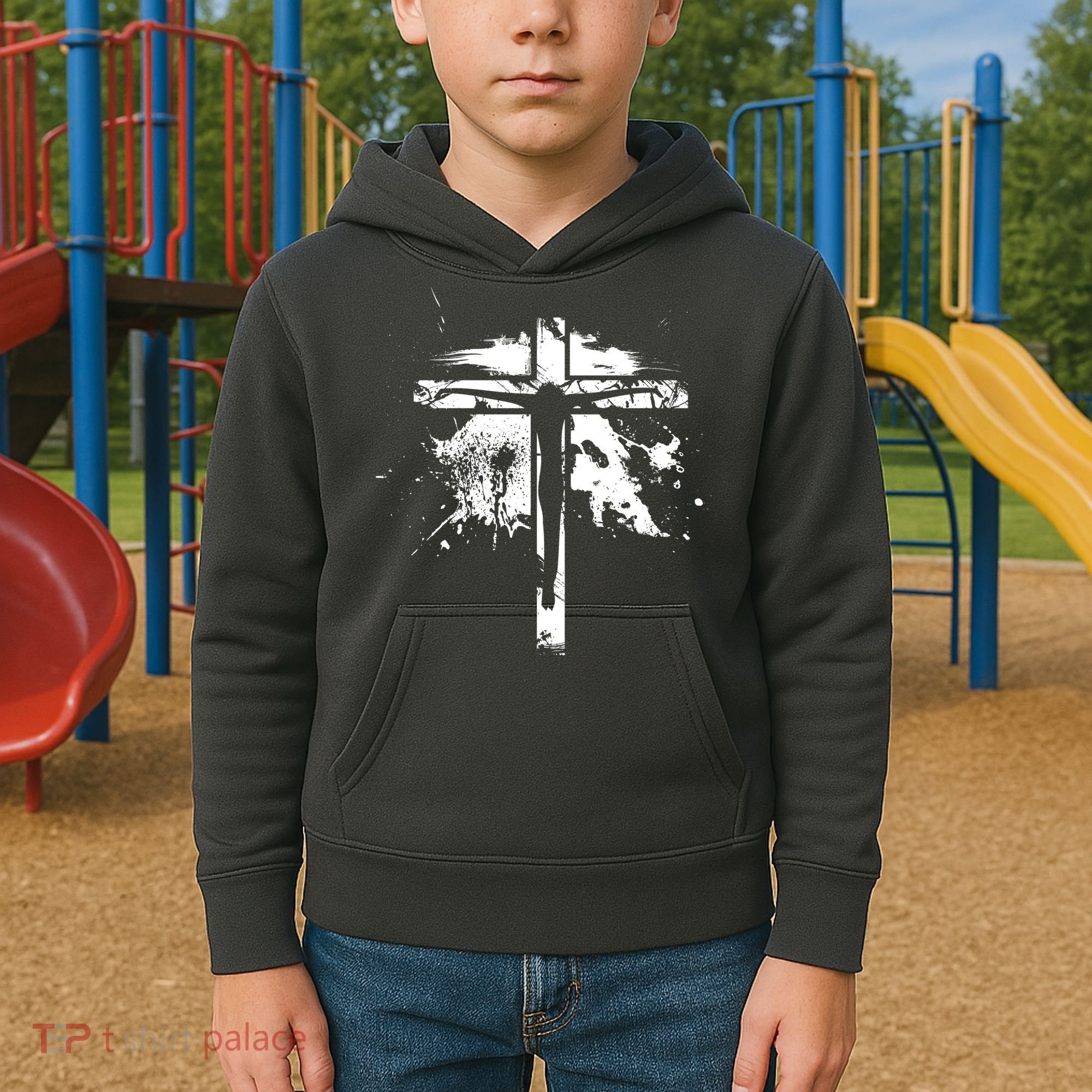 Distressed Jesus Cross Christianity Kids Hoodie
