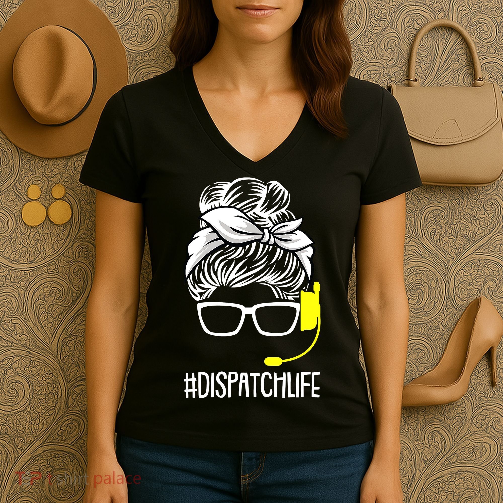 Dispatch Life 911 Dispatcher Thin Gold Line Operator Women's V-Neck T-Shirt