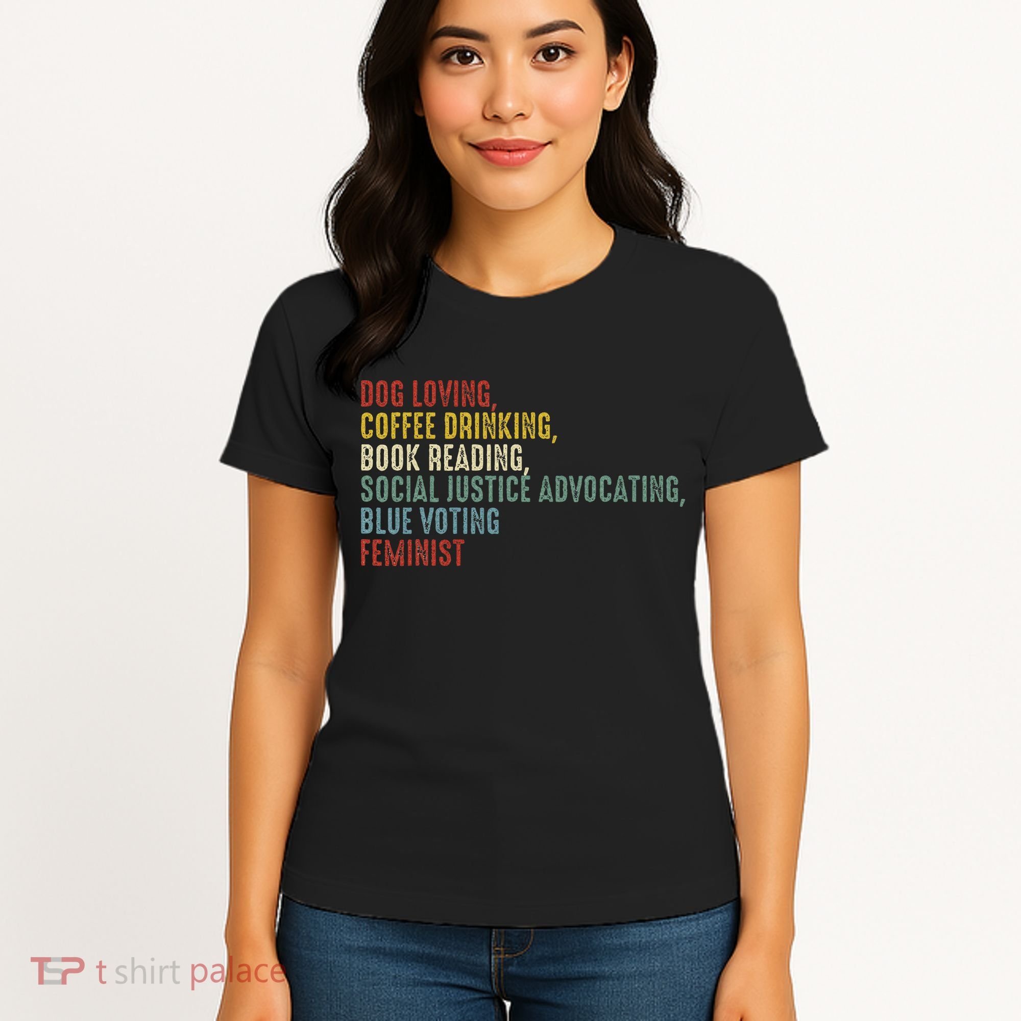 Dog Loving Coffee Drinking Book Reading Social Justice Women's T-Shirt
