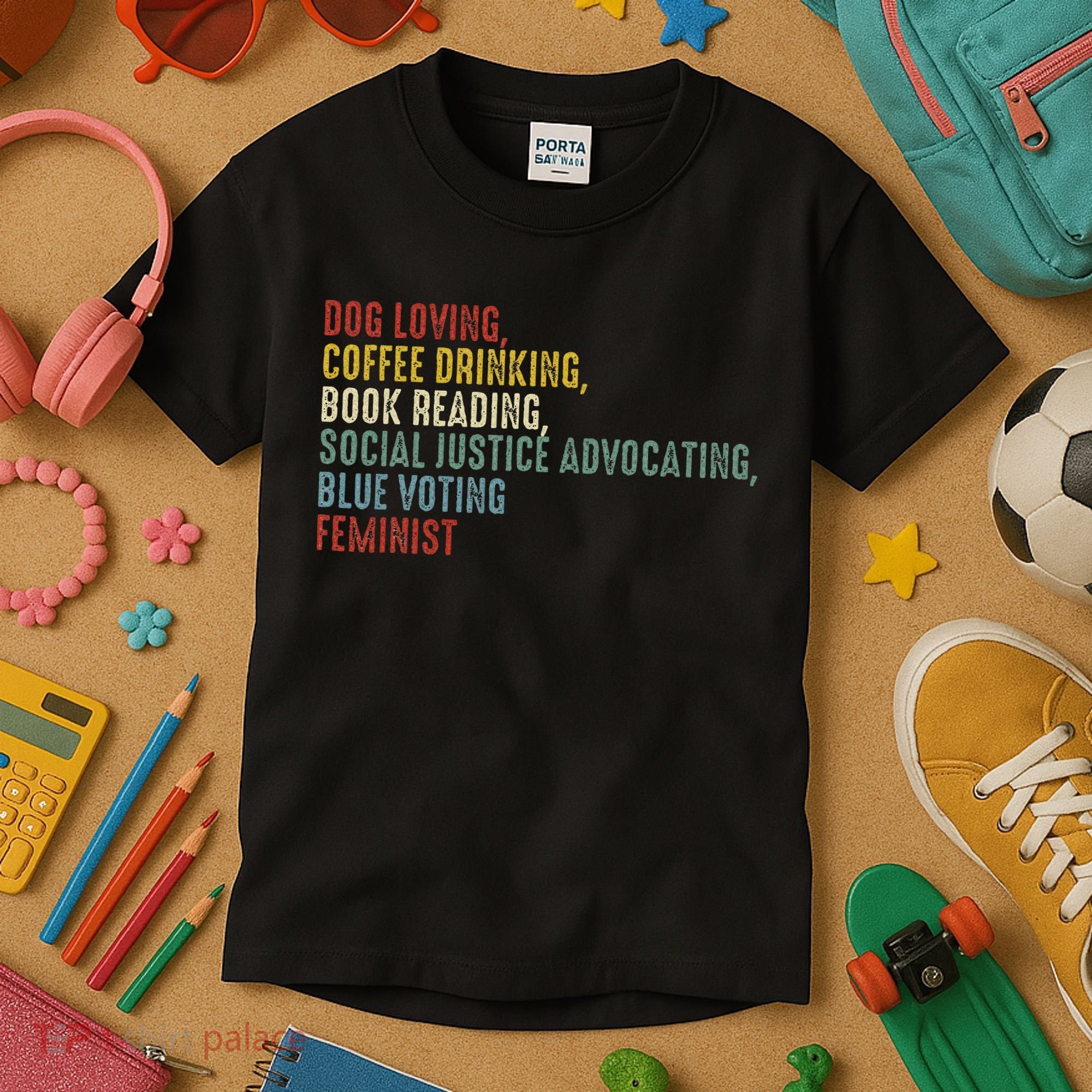 Dog Loving Coffee Drinking Book Reading Social Justice Kids T-Shirt