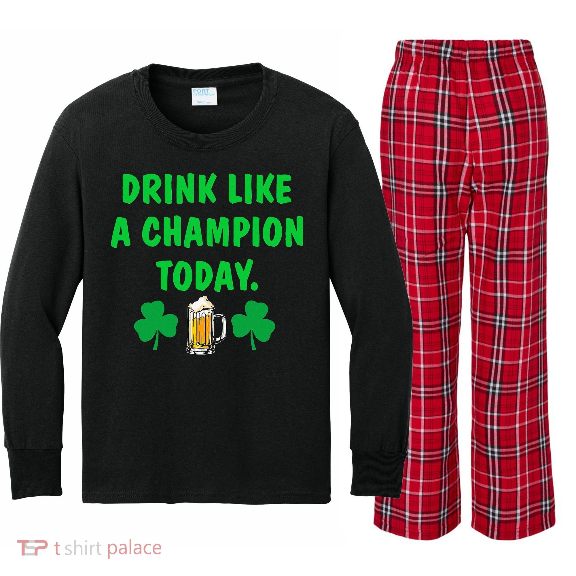 Drink Like Champion Today St Patricks Day Irish Drinking Kids Long Sleeve Plaid Pajama Set