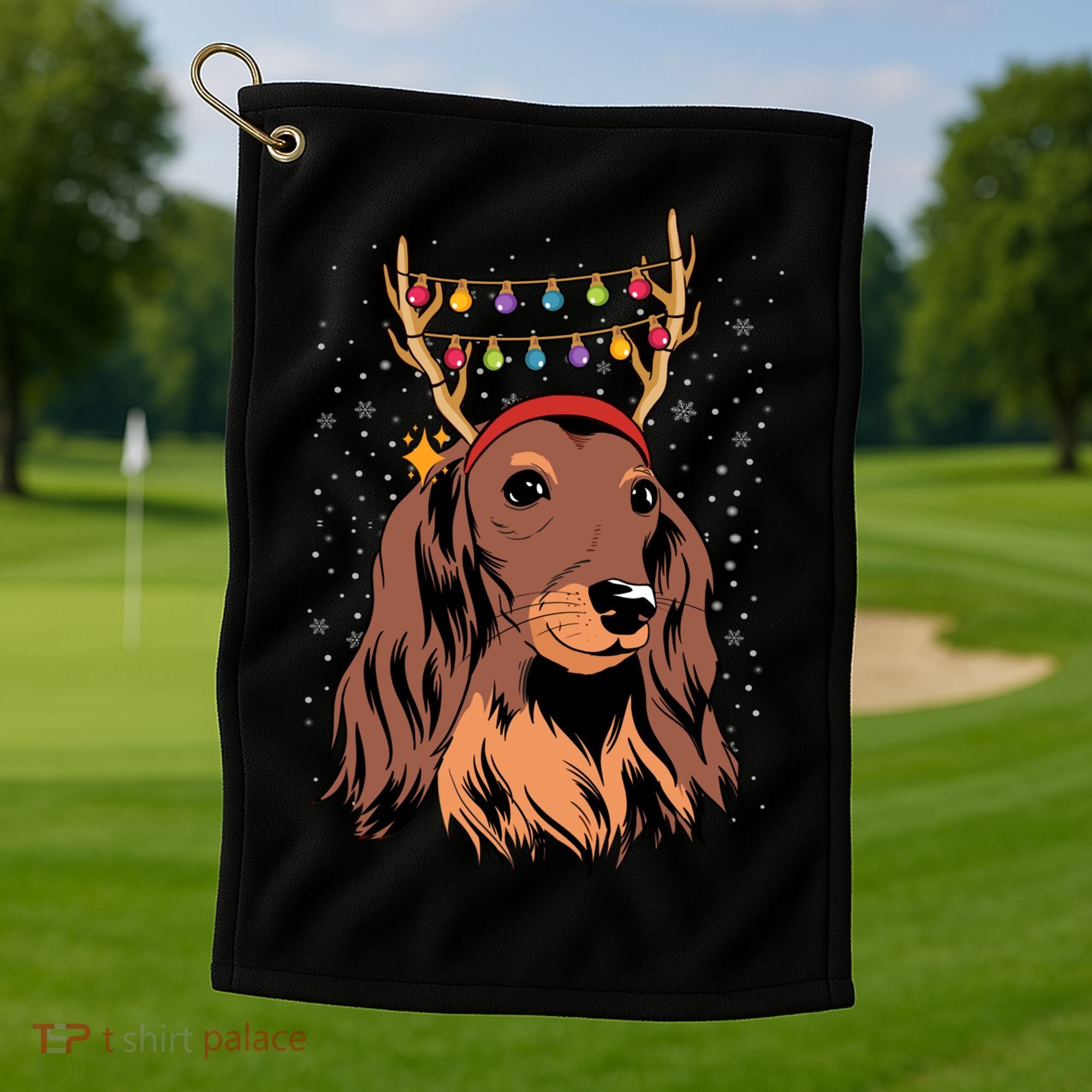 Dachshund Long Hair Reindeer Christmas Tree Lights Xmas Gift Golf Towel
