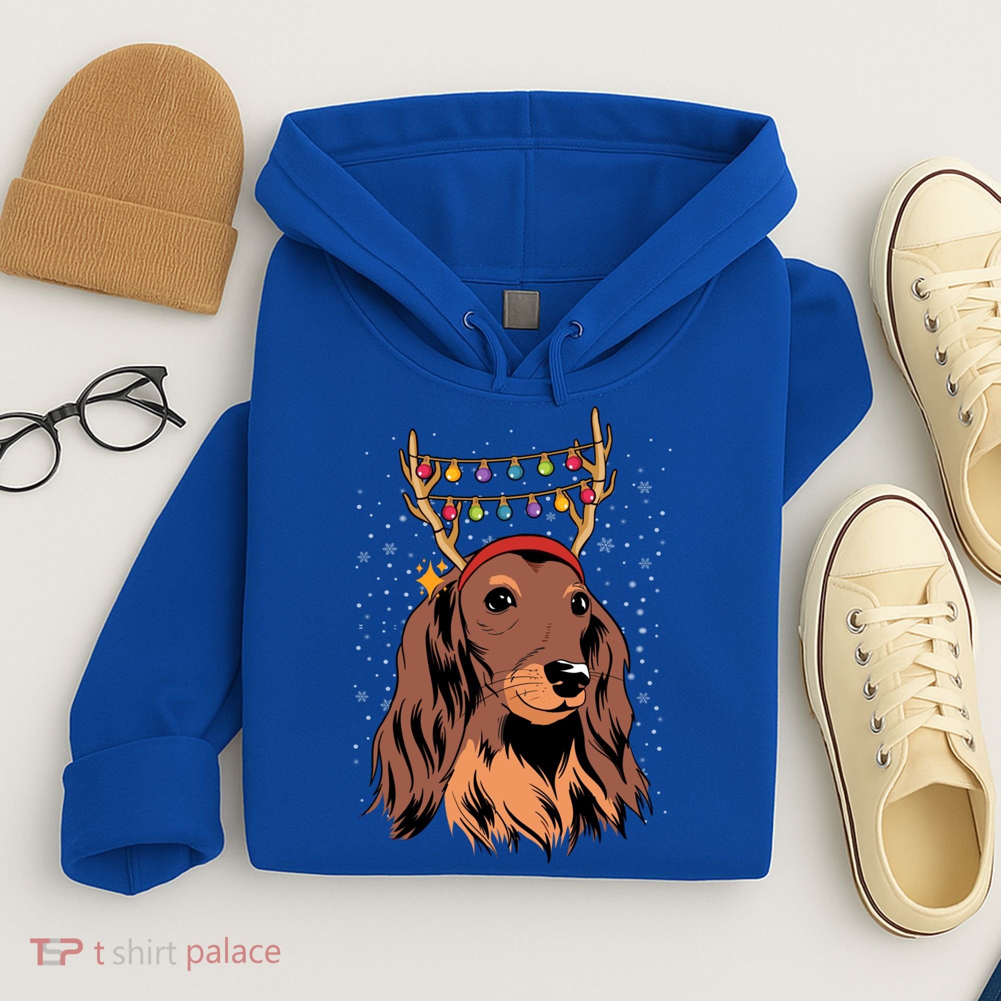 Dachshund Long Hair Reindeer Christmas Tree Lights Xmas Gift Hoodie