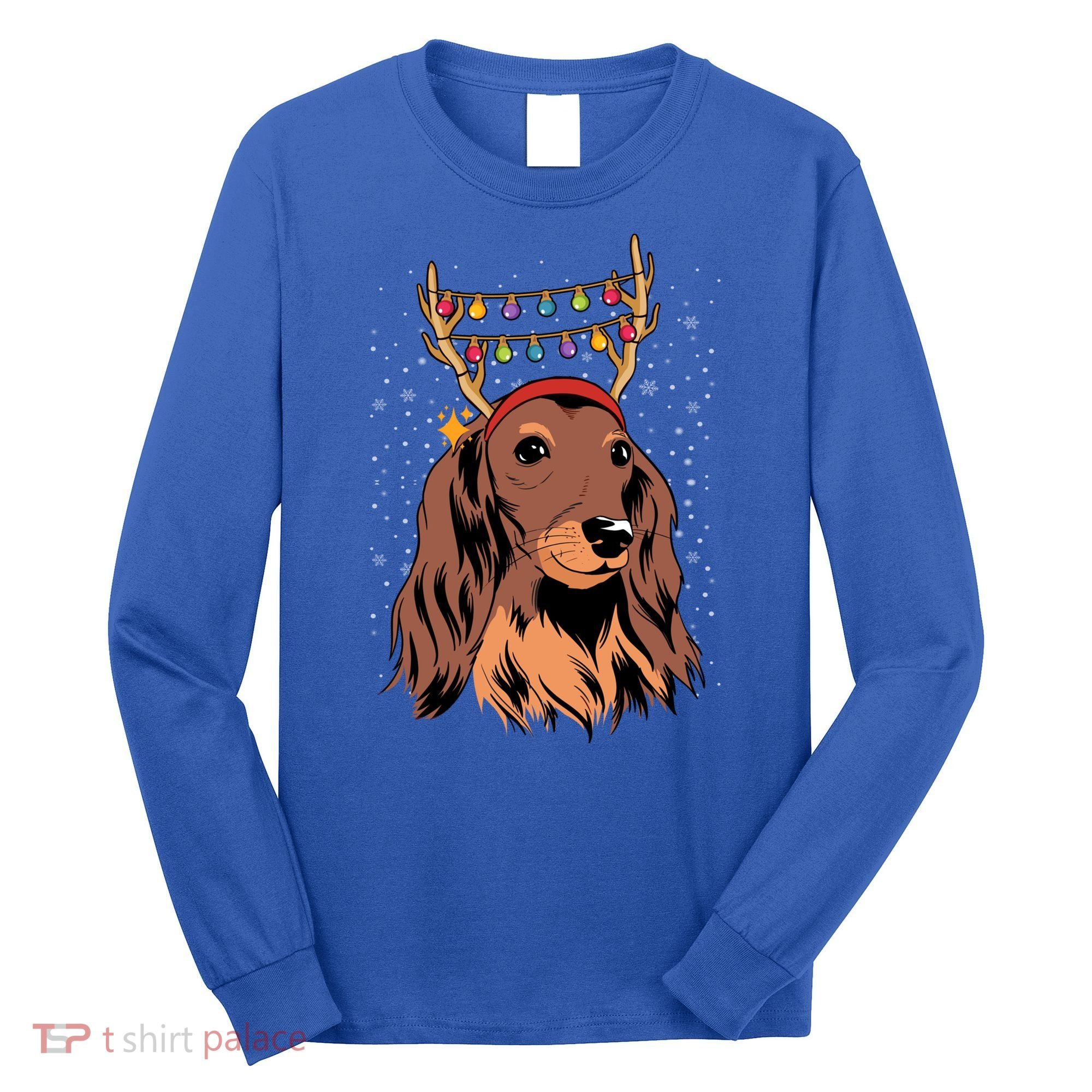 Dachshund Long Hair Reindeer Christmas Tree Lights Xmas Gift Long Sleeve Shirt