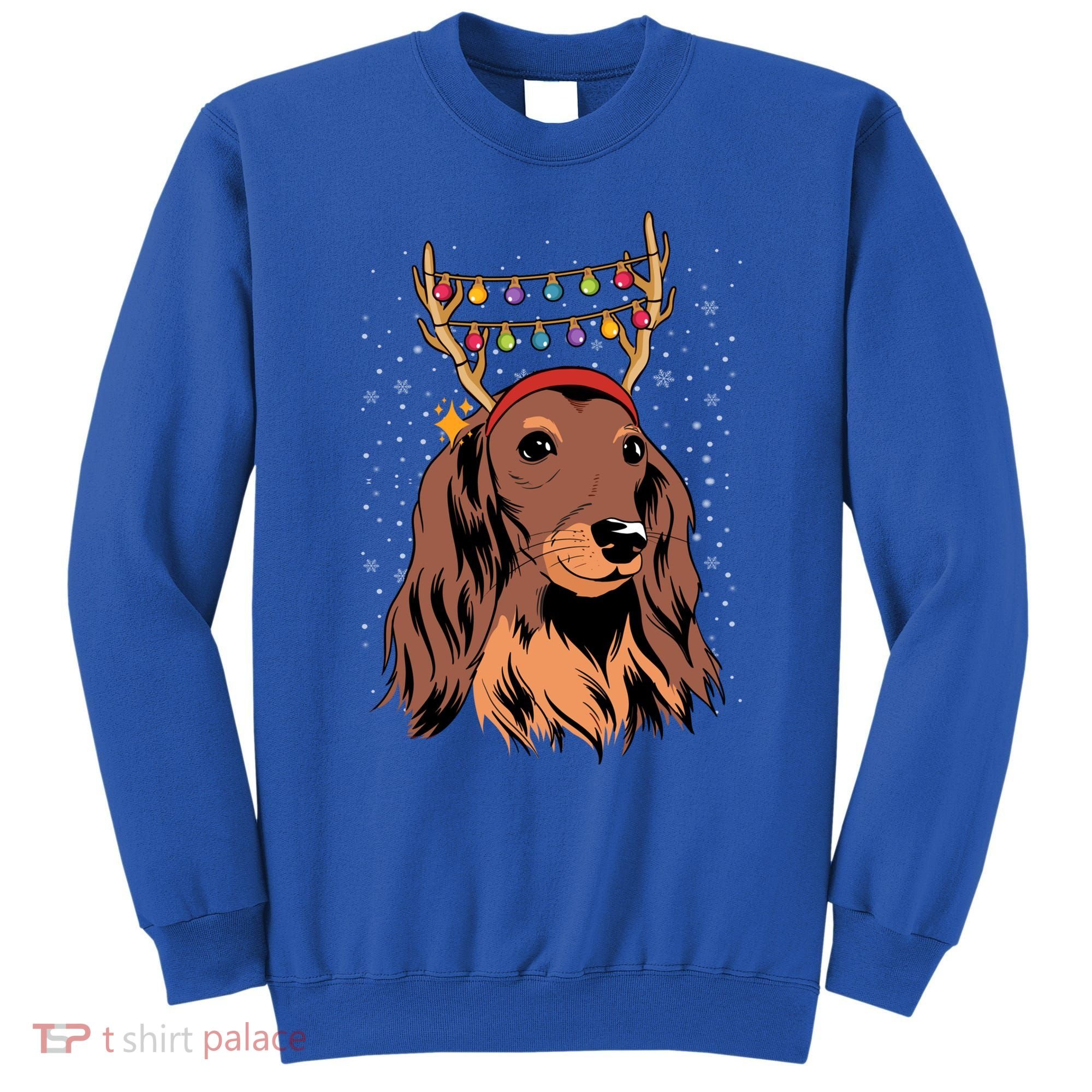 Dachshund Long Hair Reindeer Christmas Tree Lights Xmas Gift Sweatshirt