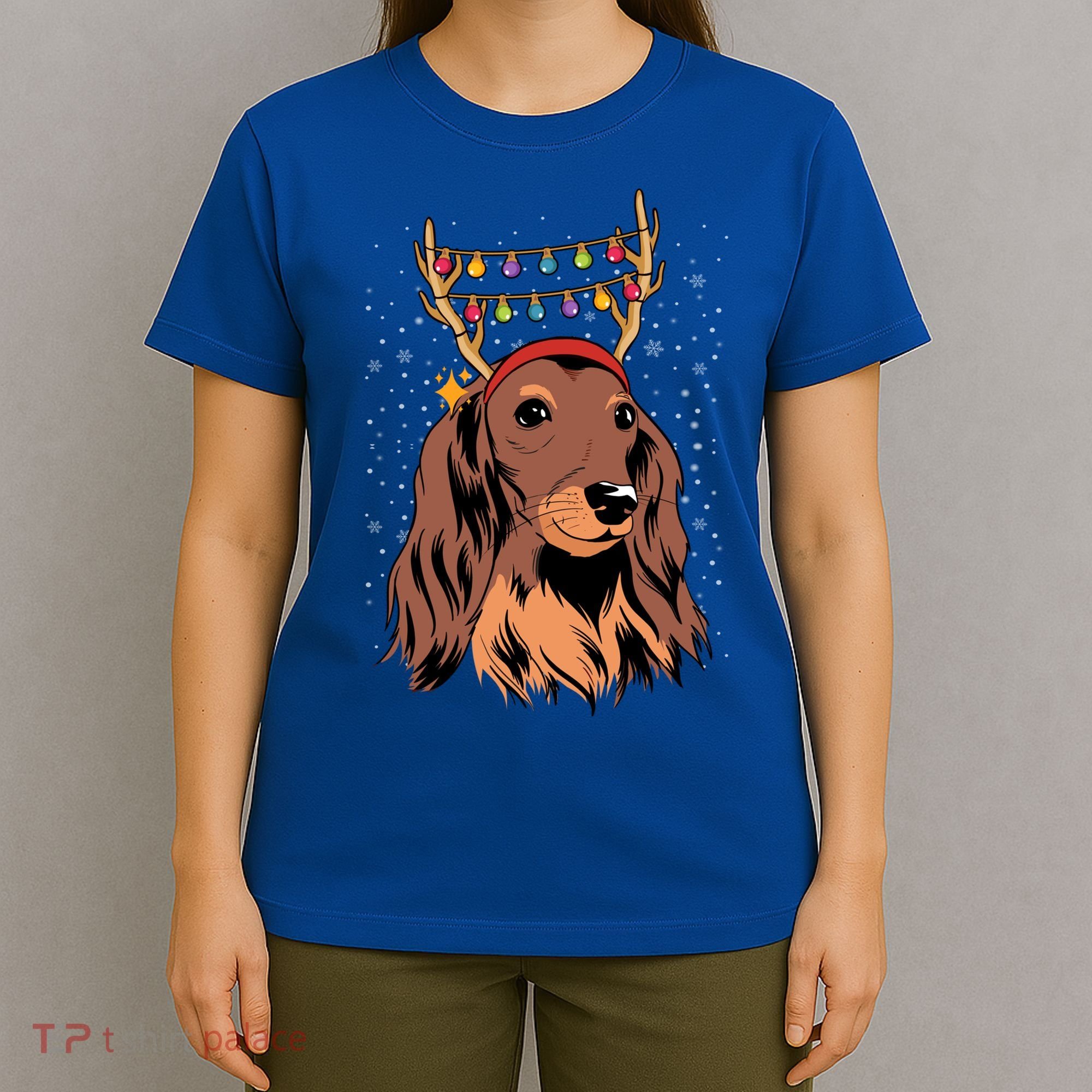 Dachshund Long Hair Reindeer Christmas Tree Lights Xmas Gift T-Shirt