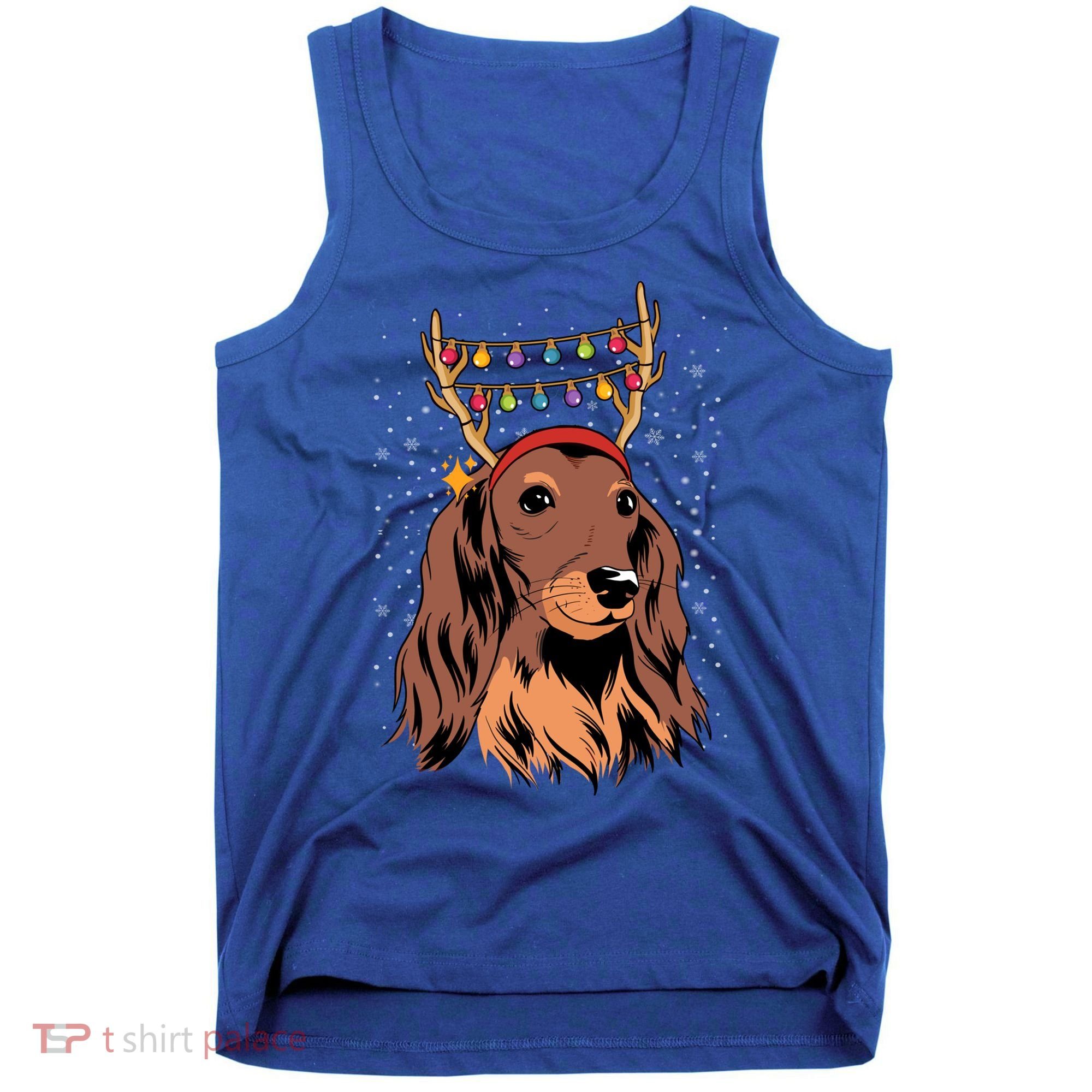 Dachshund Long Hair Reindeer Christmas Tree Lights Xmas Gift Tank Top