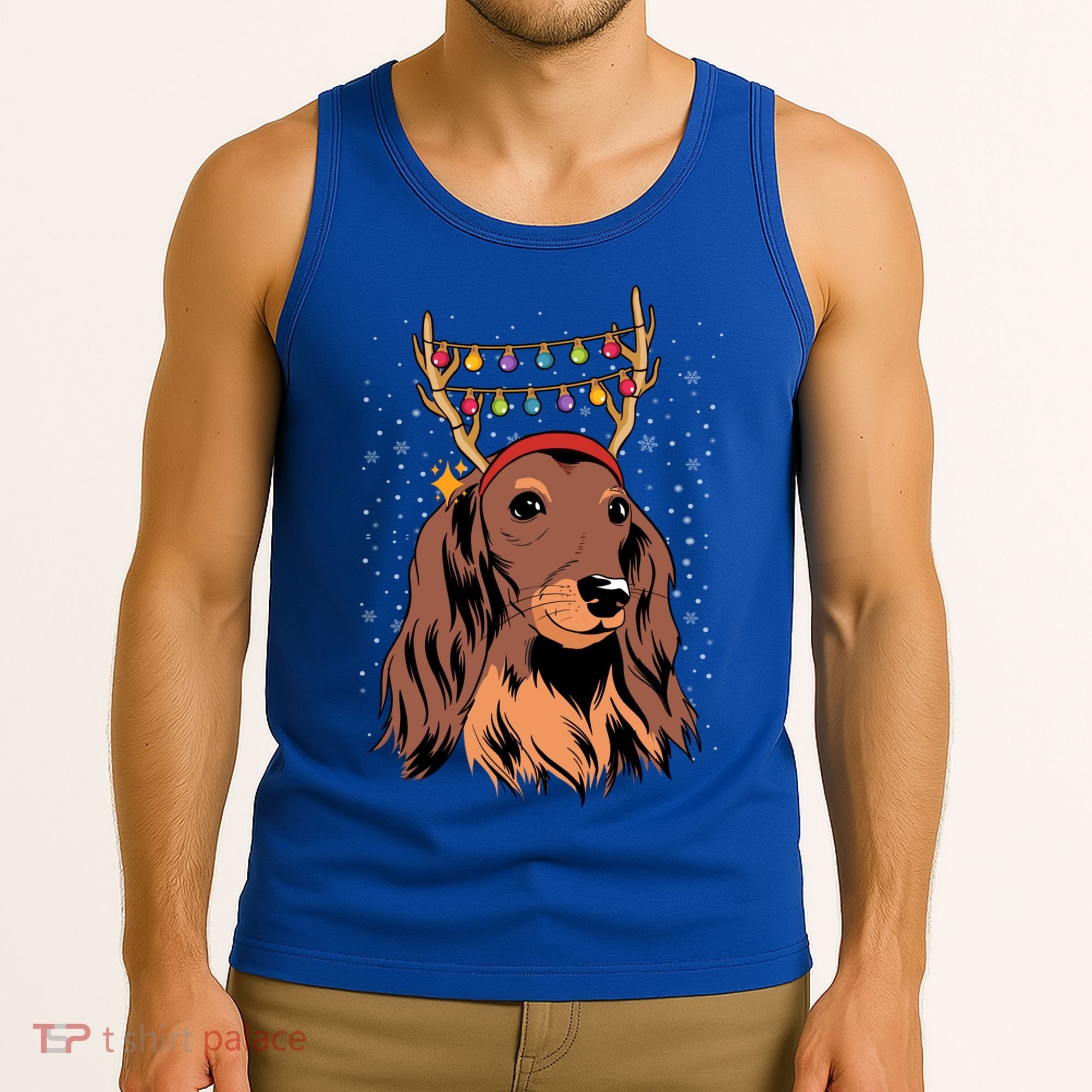 Dachshund Long Hair Reindeer Christmas Tree Lights Xmas Gift Tank Top