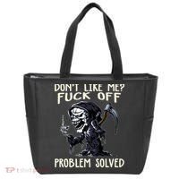 Don't Like Me Fuck Off Problem Solved Funny Grim Reaper Tote Bag thumb 0