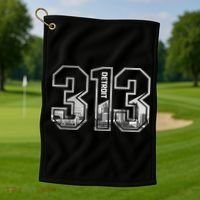 Detroit Michigan 313 Area Code Pride Skyline Golf Towel thumb 1