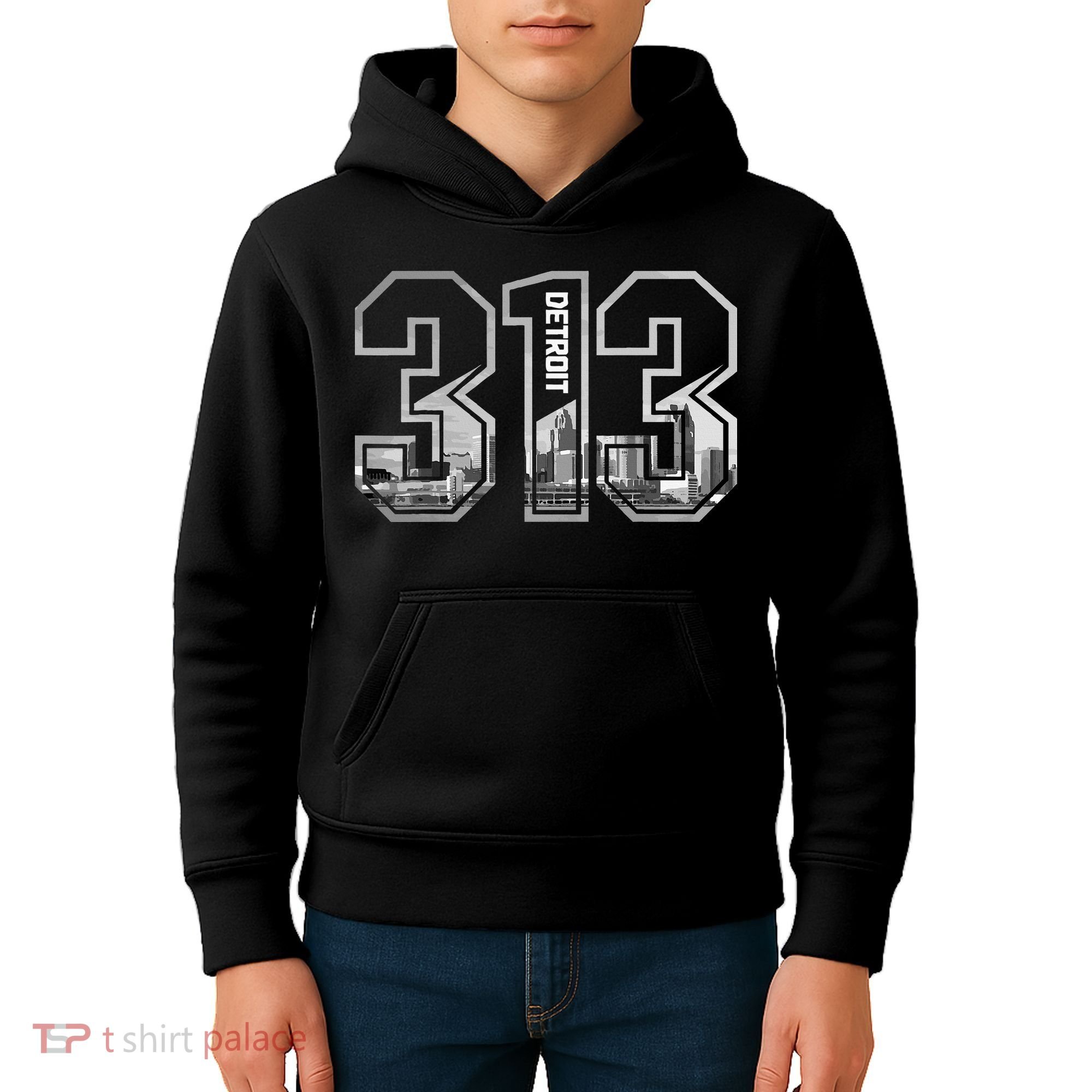 Detroit Michigan 313 Area Code Pride Skyline Kids Hoodie