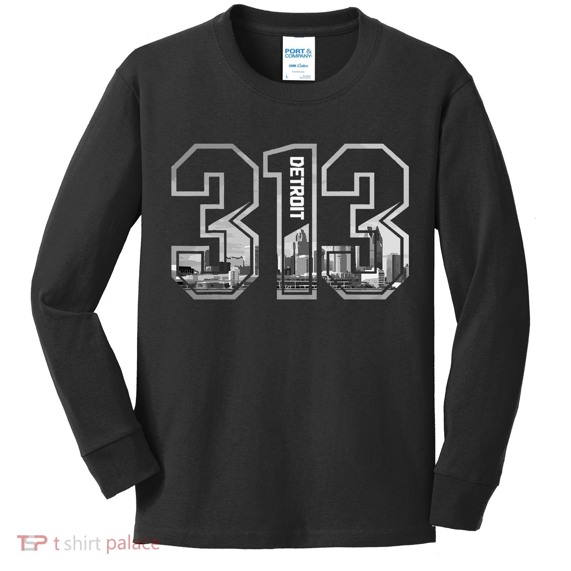 Detroit Michigan 313 Area Code Pride Skyline Kids Long Sleeve Shirt