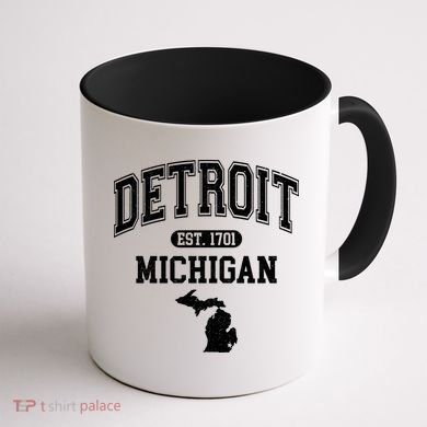 Detroit Michigan Est. 1701 Varsity Coffee Mug back