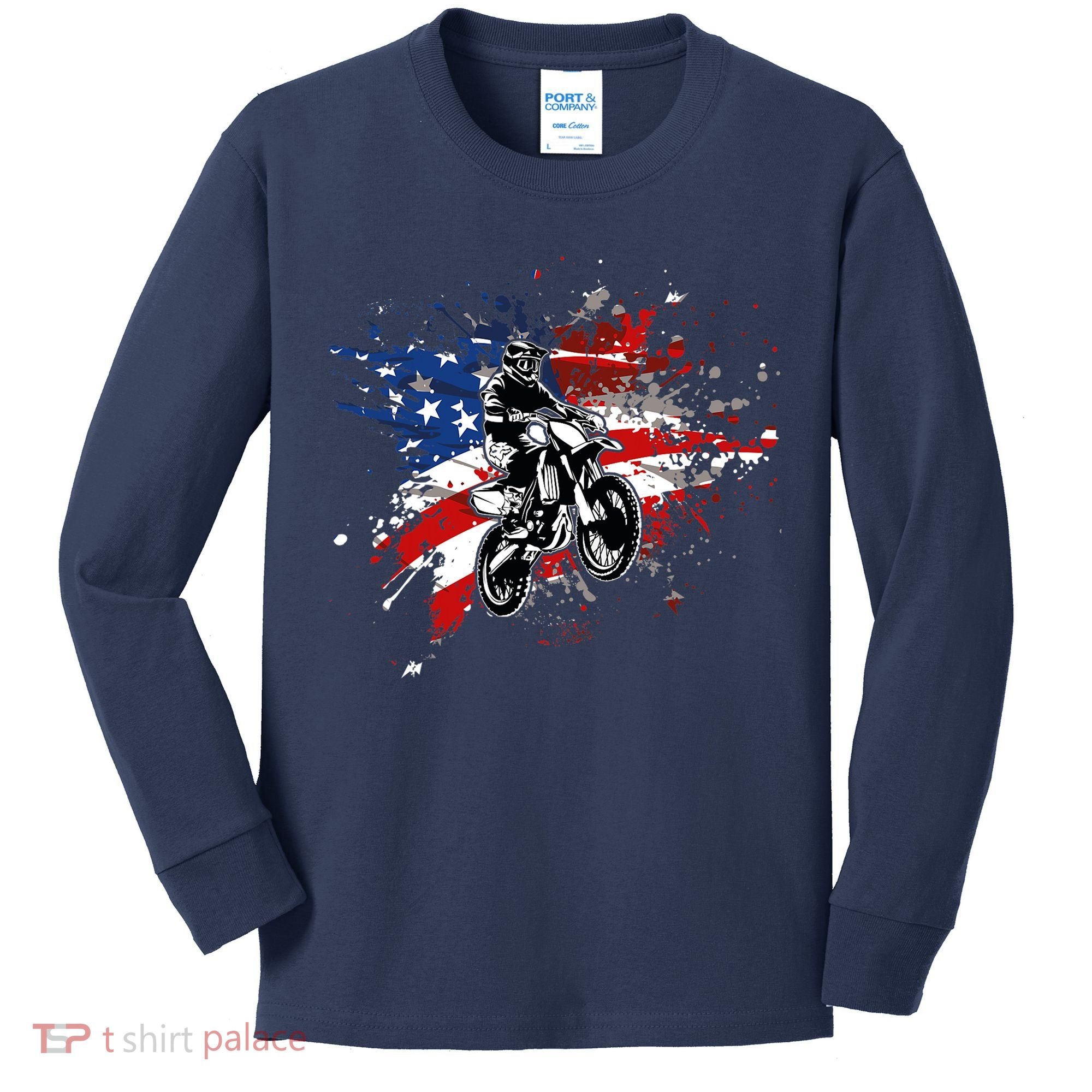 Dirtbike Motocross MX US Flag Smash Kids Long Sleeve Shirt