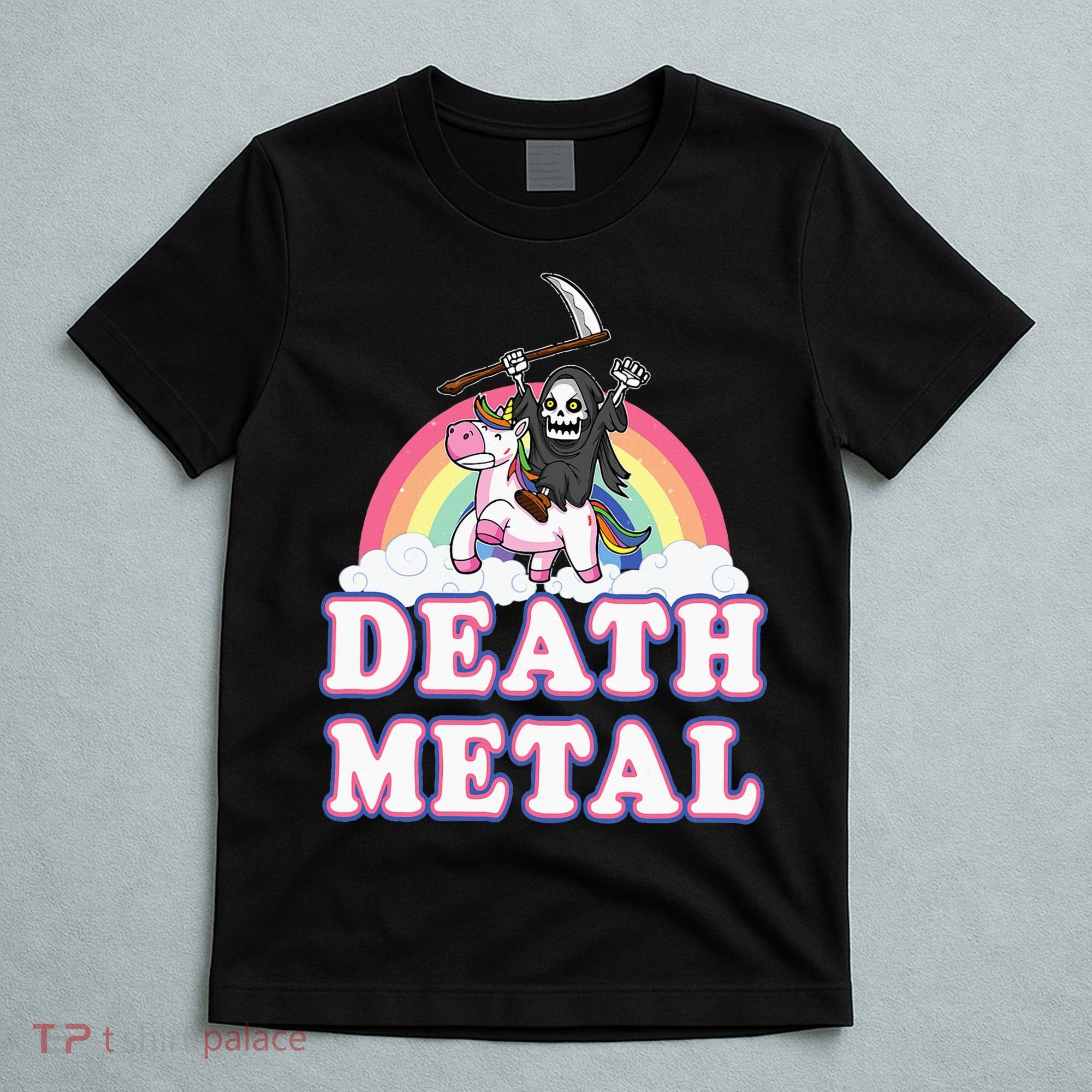 Death Metal Rock Music Rainbow Grim Reaper Riding Unicorn T-Shirt
