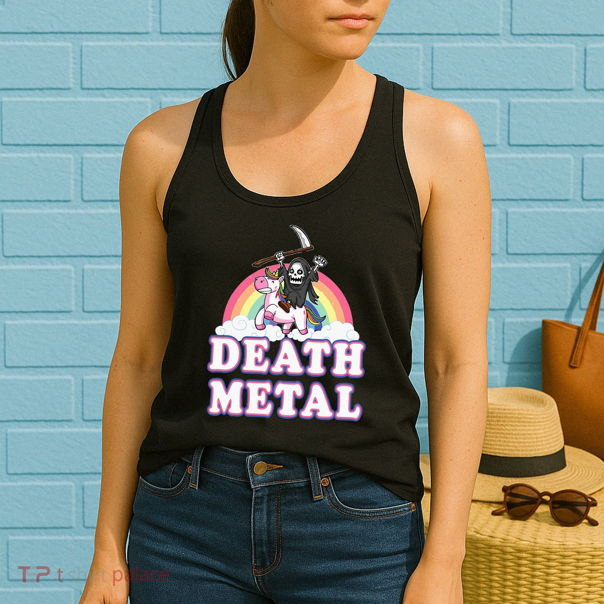 Death Metal Rock Music Rainbow Grim Reaper Riding Unicorn Women's Tank Top