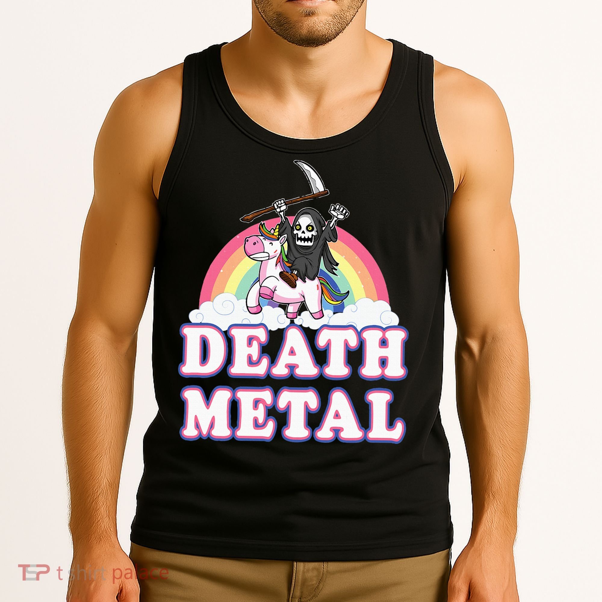 Death Metal Rock Music Rainbow Grim Reaper Riding Unicorn Tank Top