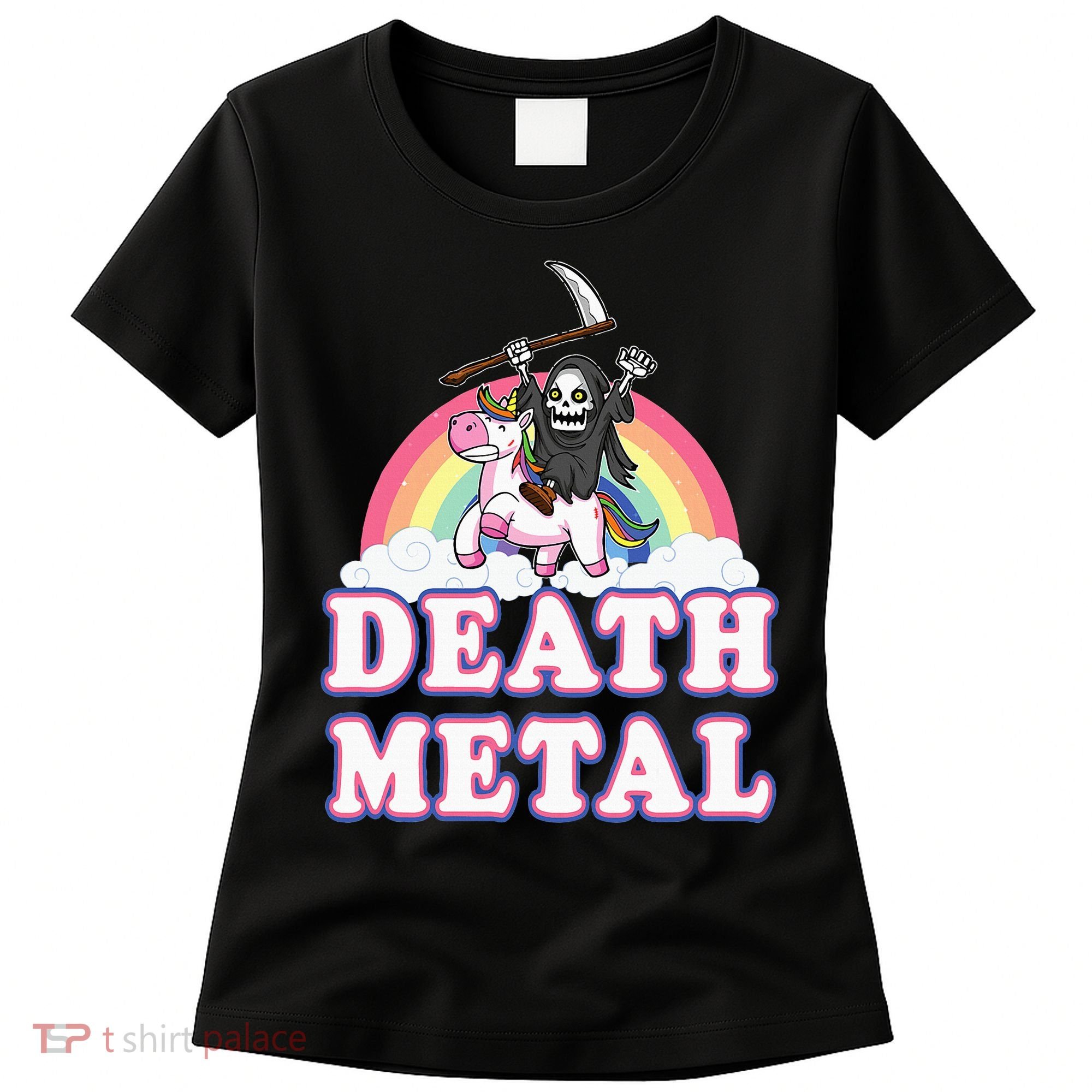 Death Metal Rock Music Rainbow Grim Reaper Riding Unicorn Women's T-Shirt