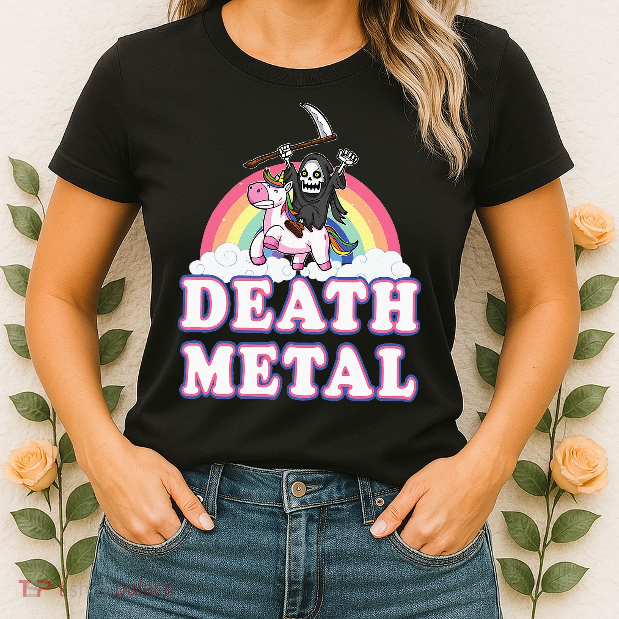 Death Metal Rock Music Rainbow Grim Reaper Riding Unicorn Women's T-Shirt