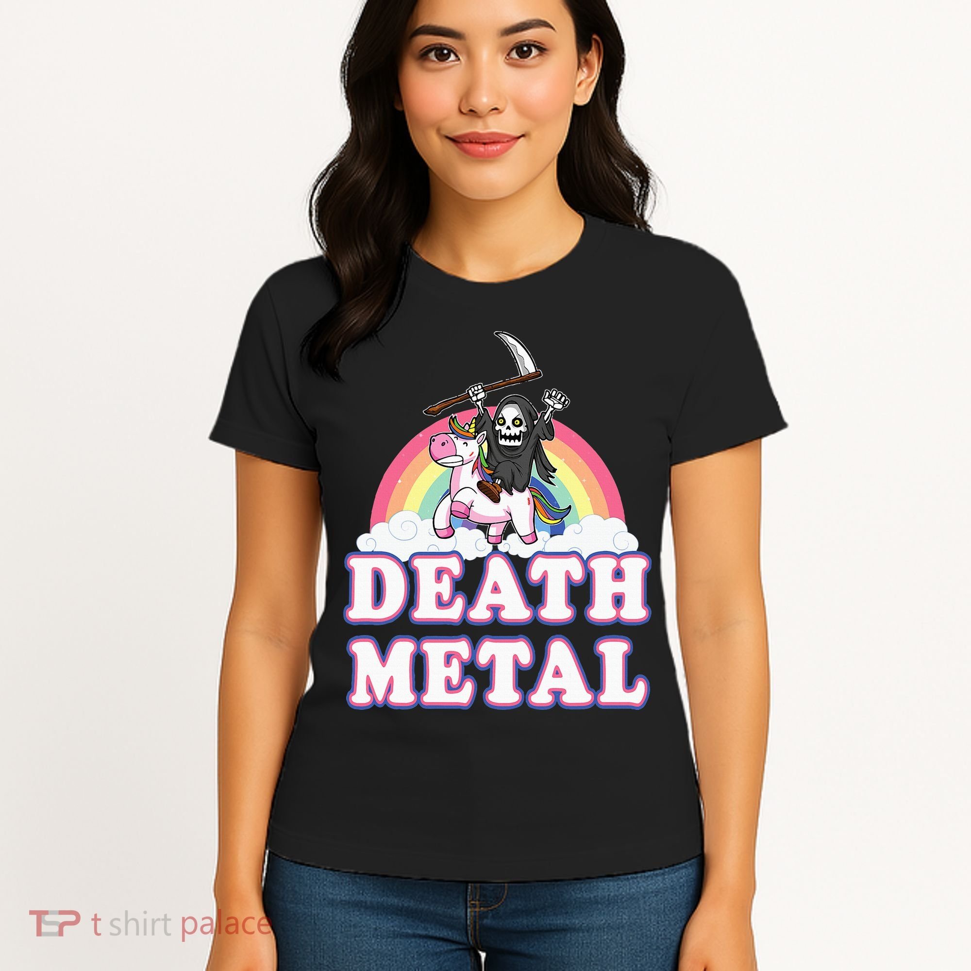 Death Metal Rock Music Rainbow Grim Reaper Riding Unicorn Women's T-Shirt