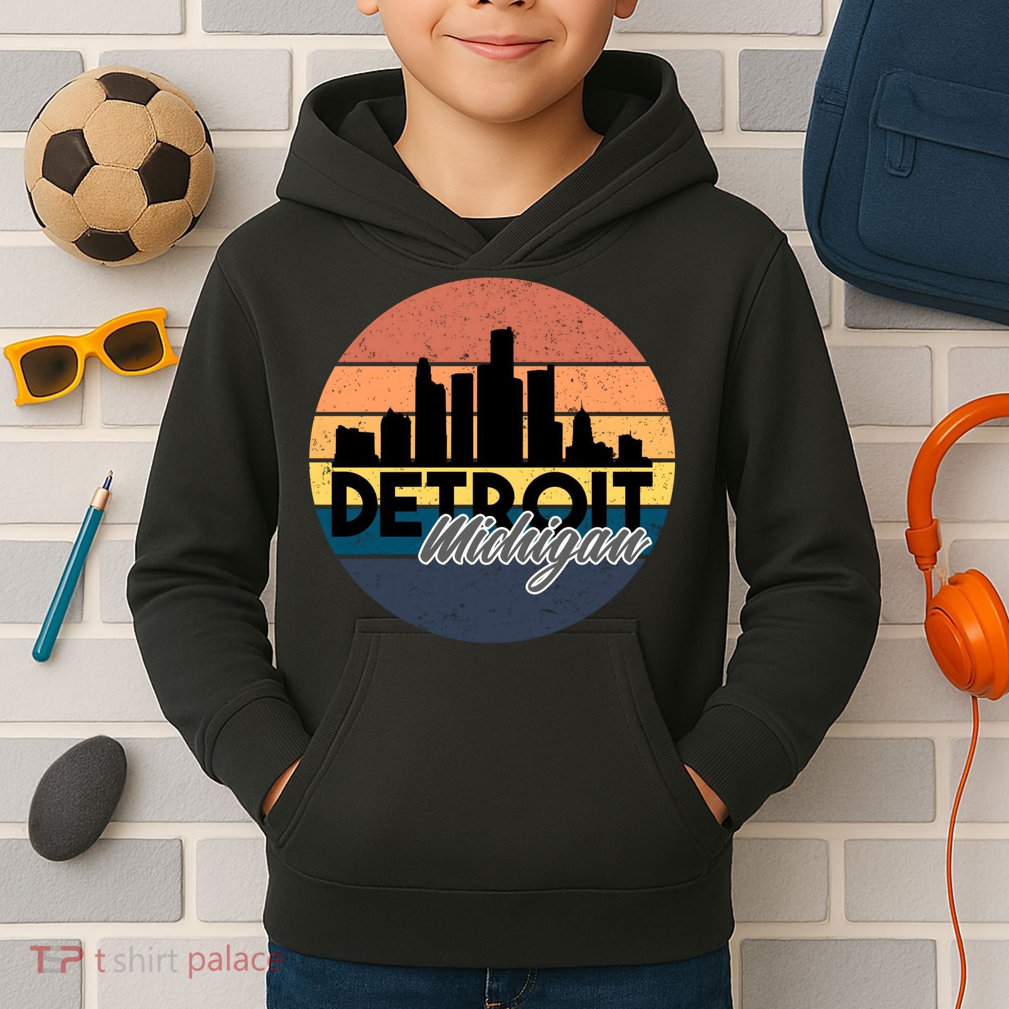 Detroit Michigan Retro Skyline Kids Hoodie