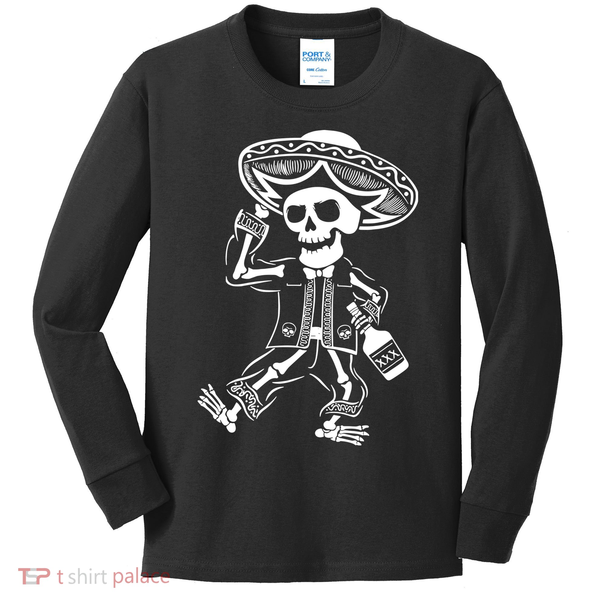 Drunk Mariachi Skeleton Kids Long Sleeve Shirt