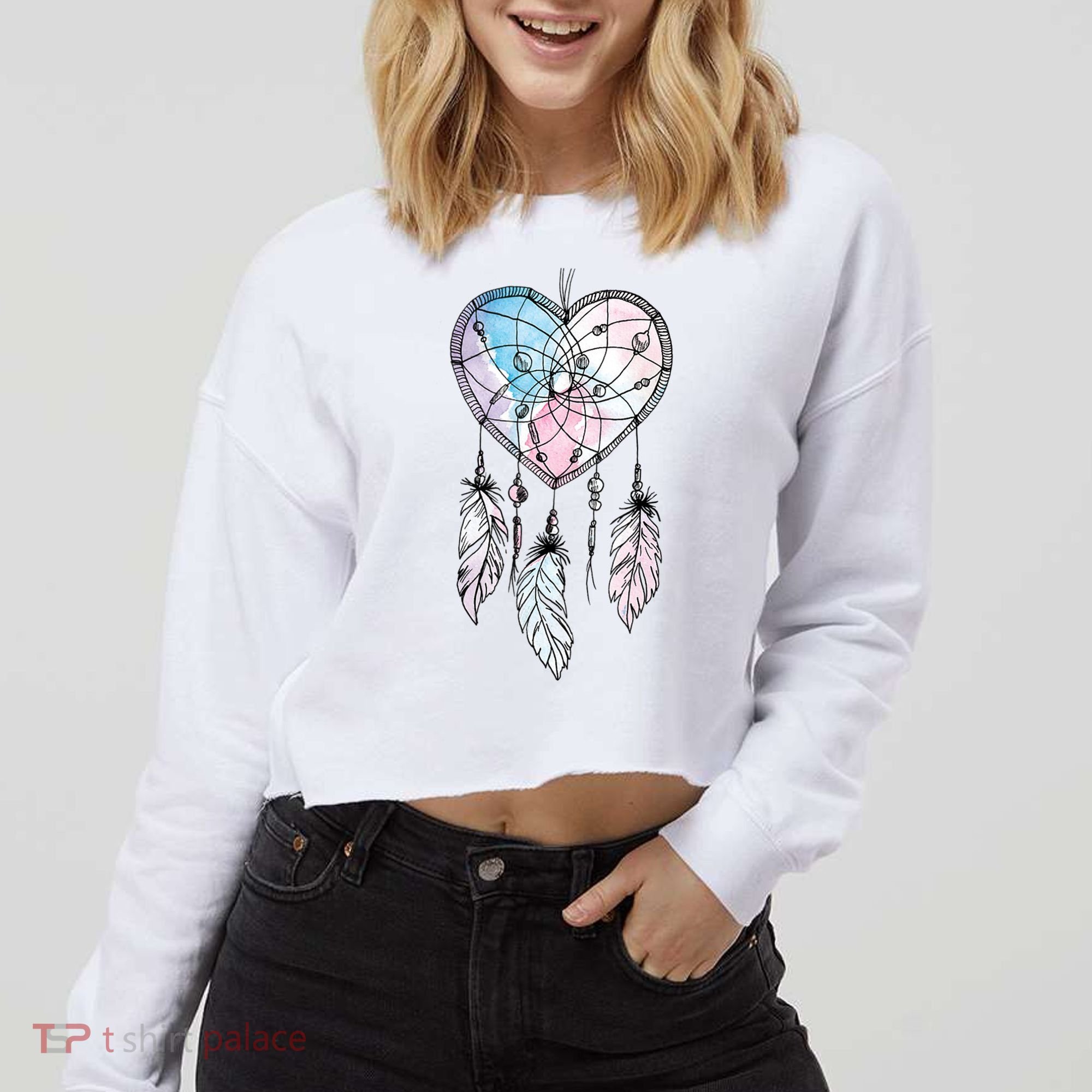 Dreamcatcher Native American Feathers Boho Dream Catcher Cropped Pullover Crew