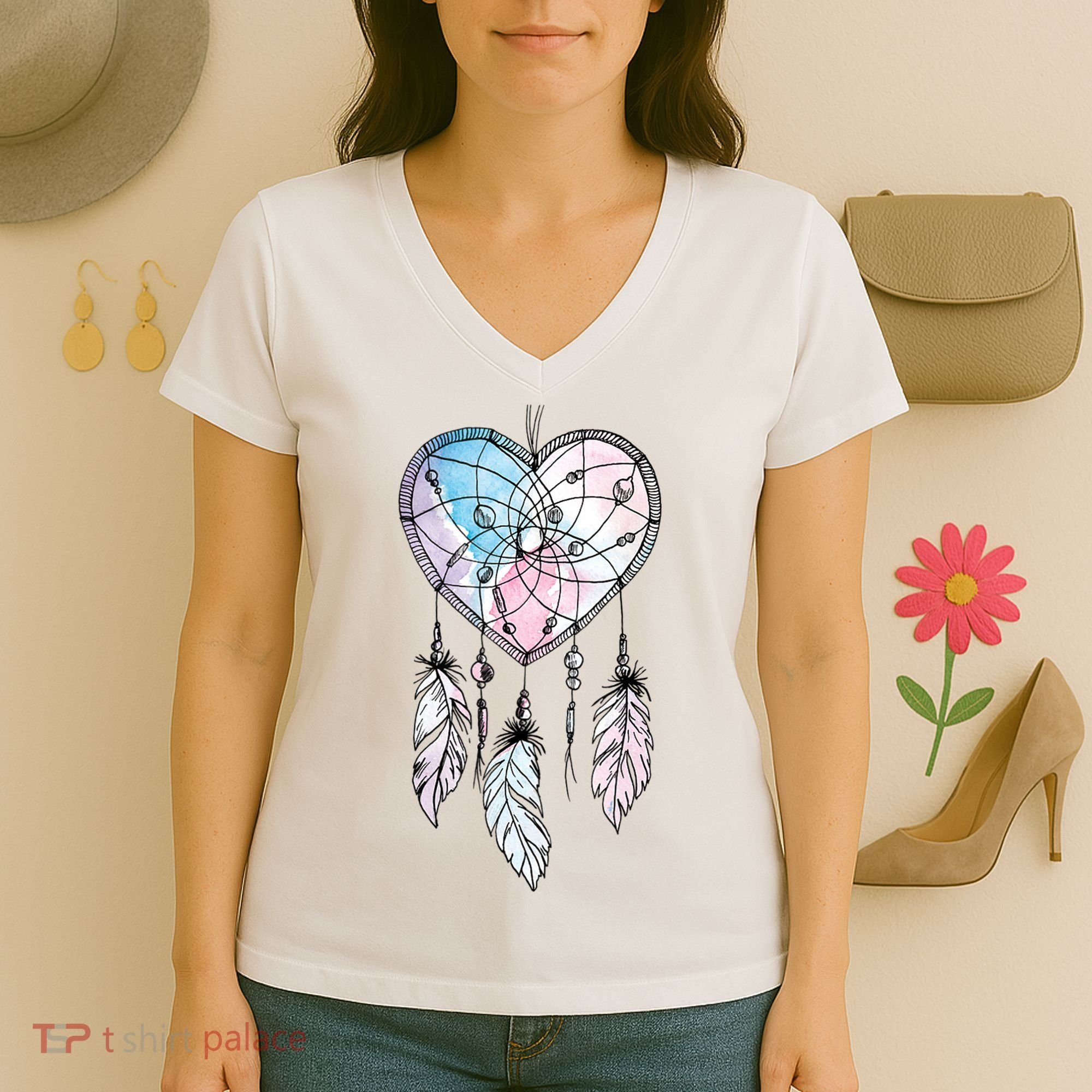 Dreamcatcher Native American Feathers Boho Dream Catcher Women's V-Neck T-Shirt