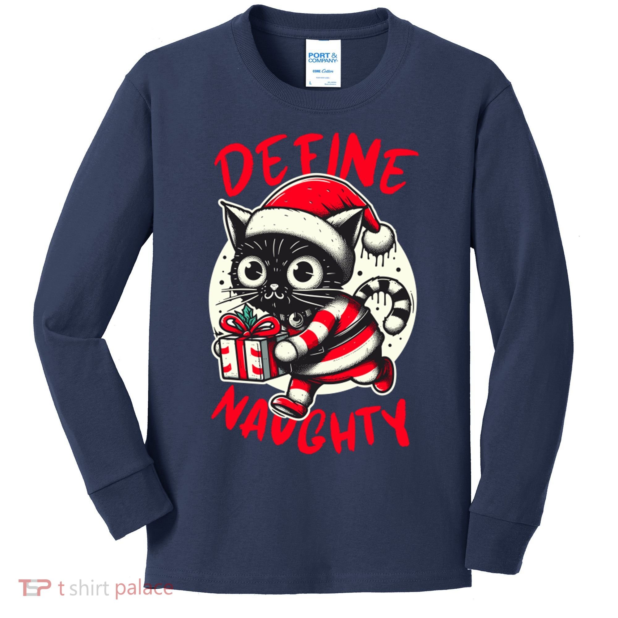 Define Naughty Funny Naughty Cat Christmas Kids Long Sleeve Shirt