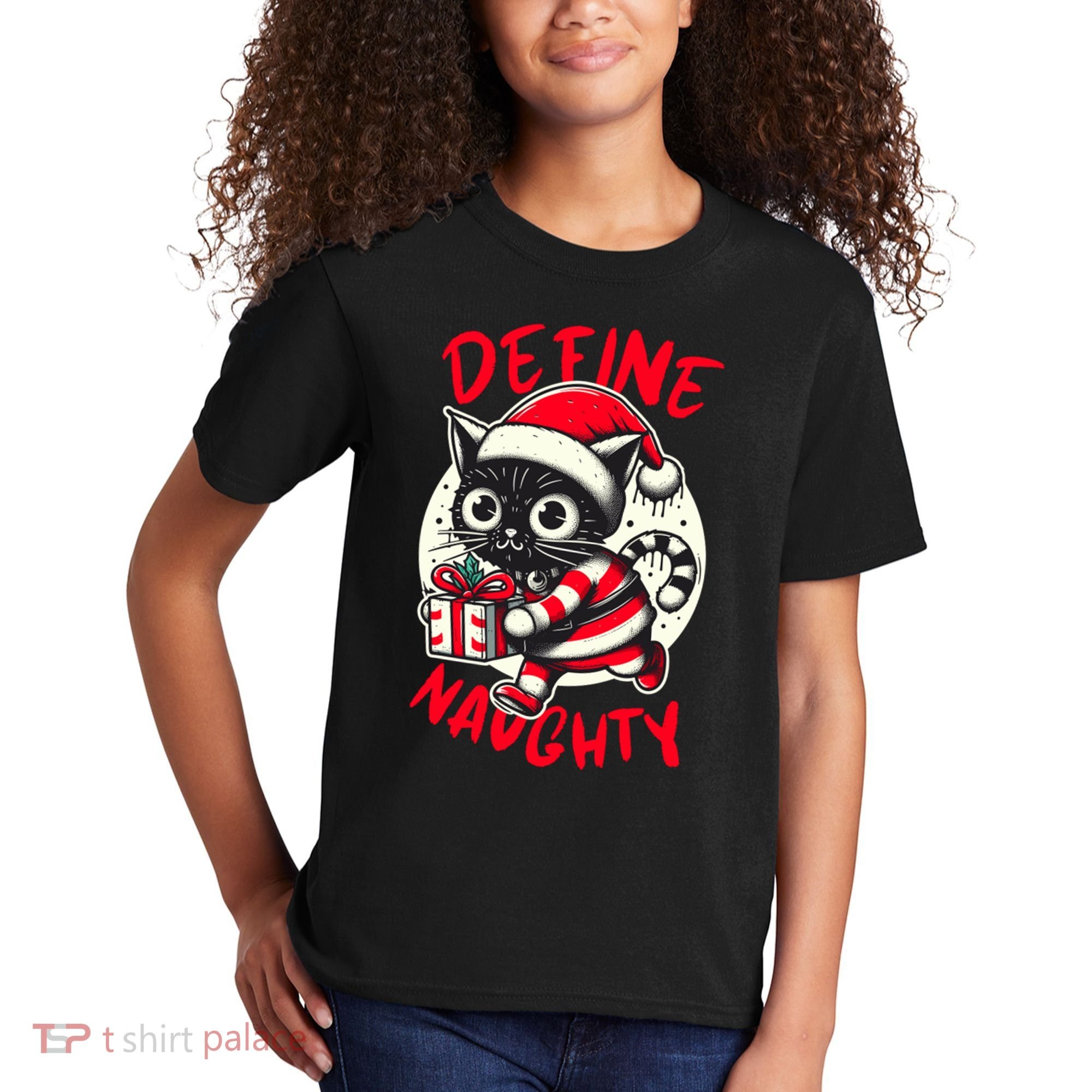 Define Naughty Funny Naughty Cat Christmas Kids T-Shirt
