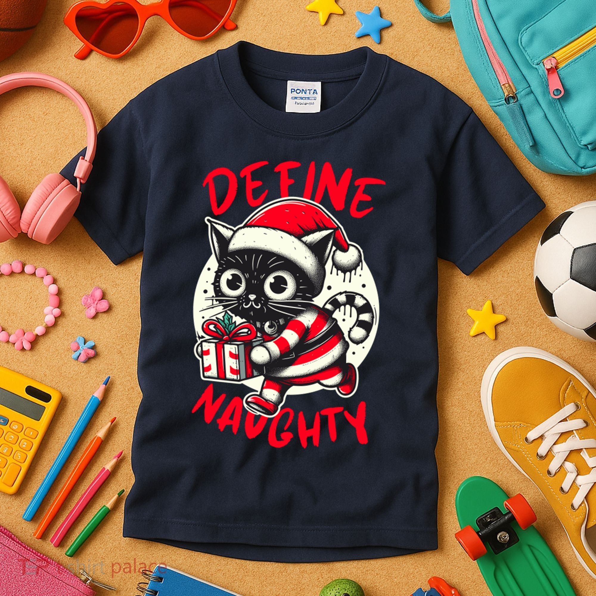 Define Naughty Funny Naughty Cat Christmas Kids T-Shirt