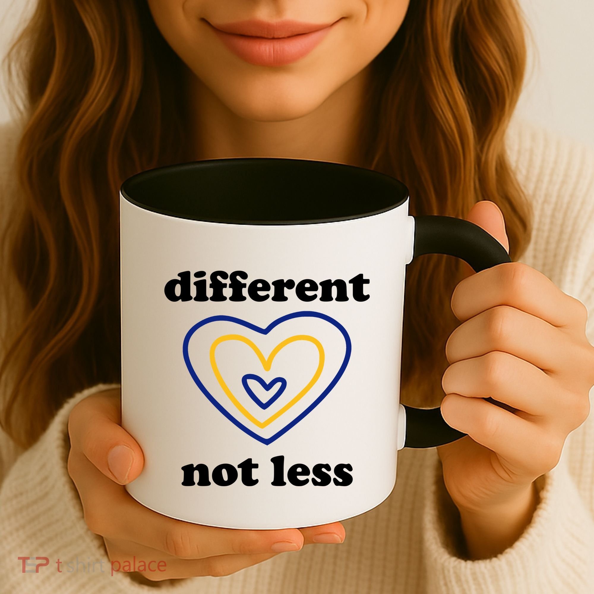 Different Not Less Down Syndrome Awareness Heart Coffee Mug