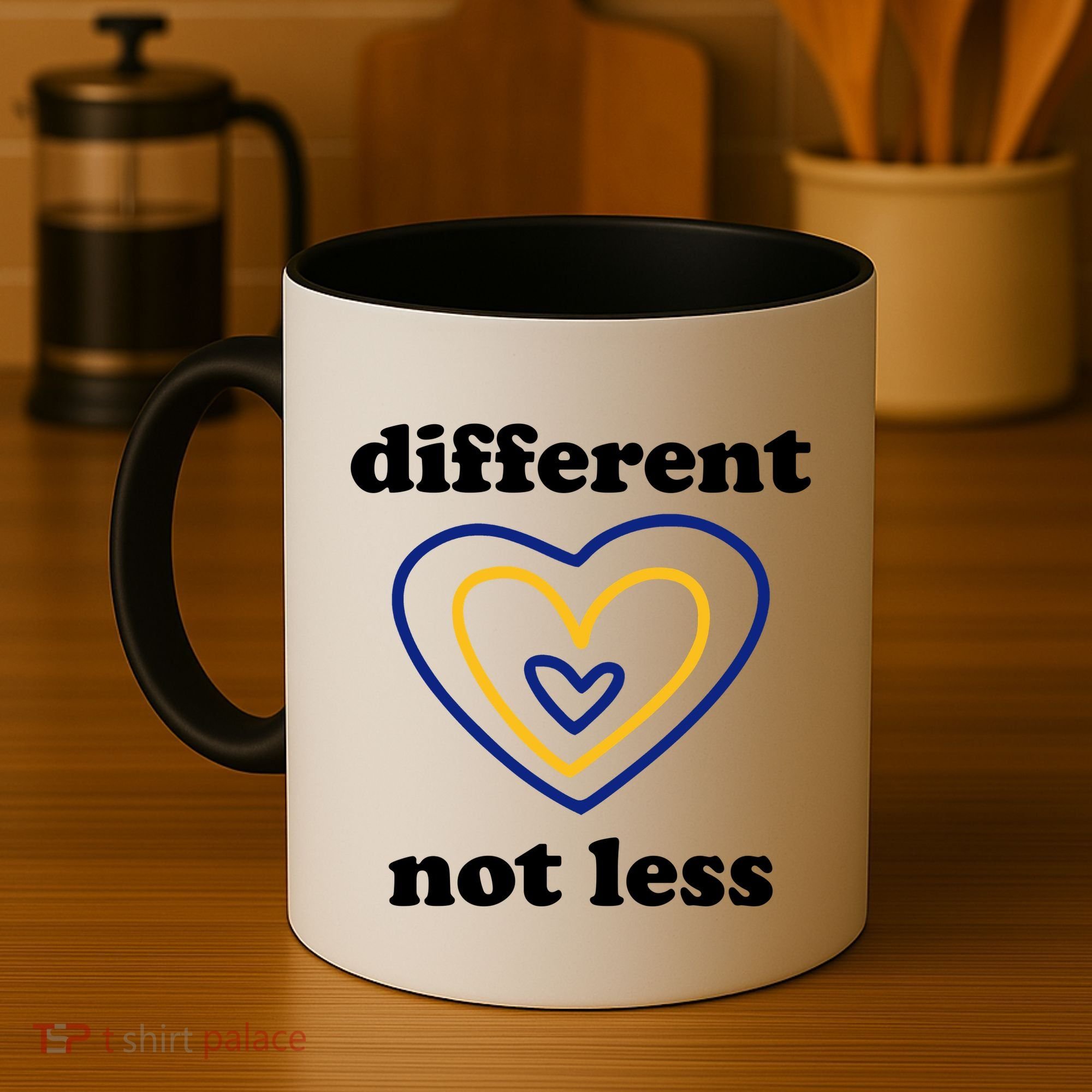 Different Not Less Down Syndrome Awareness Heart Coffee Mug
