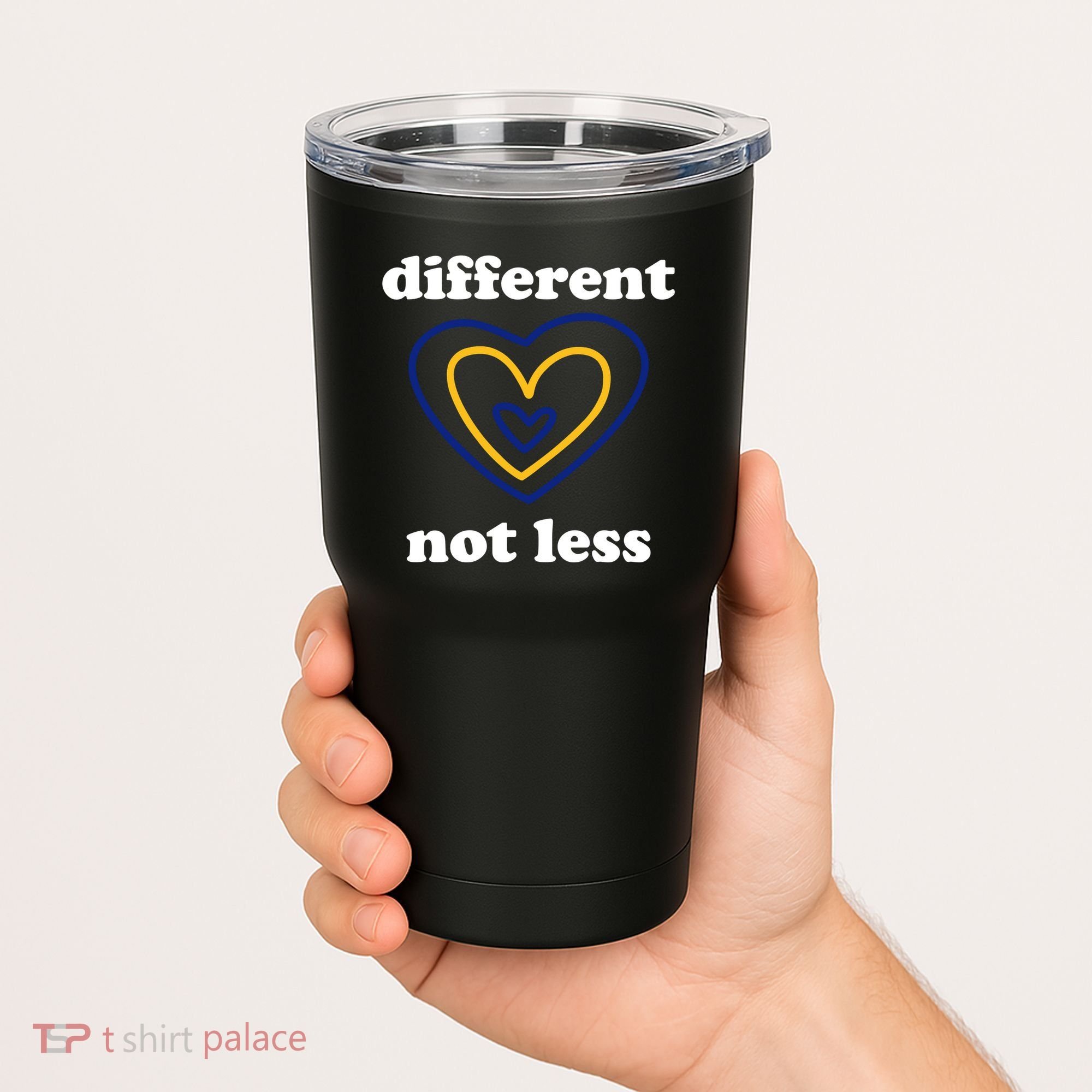 Different Not Less Down Syndrome Awareness Heart Tumbler