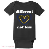 Different Not Less Down Syndrome Awareness Heart Baby Bodysuit thumb 0