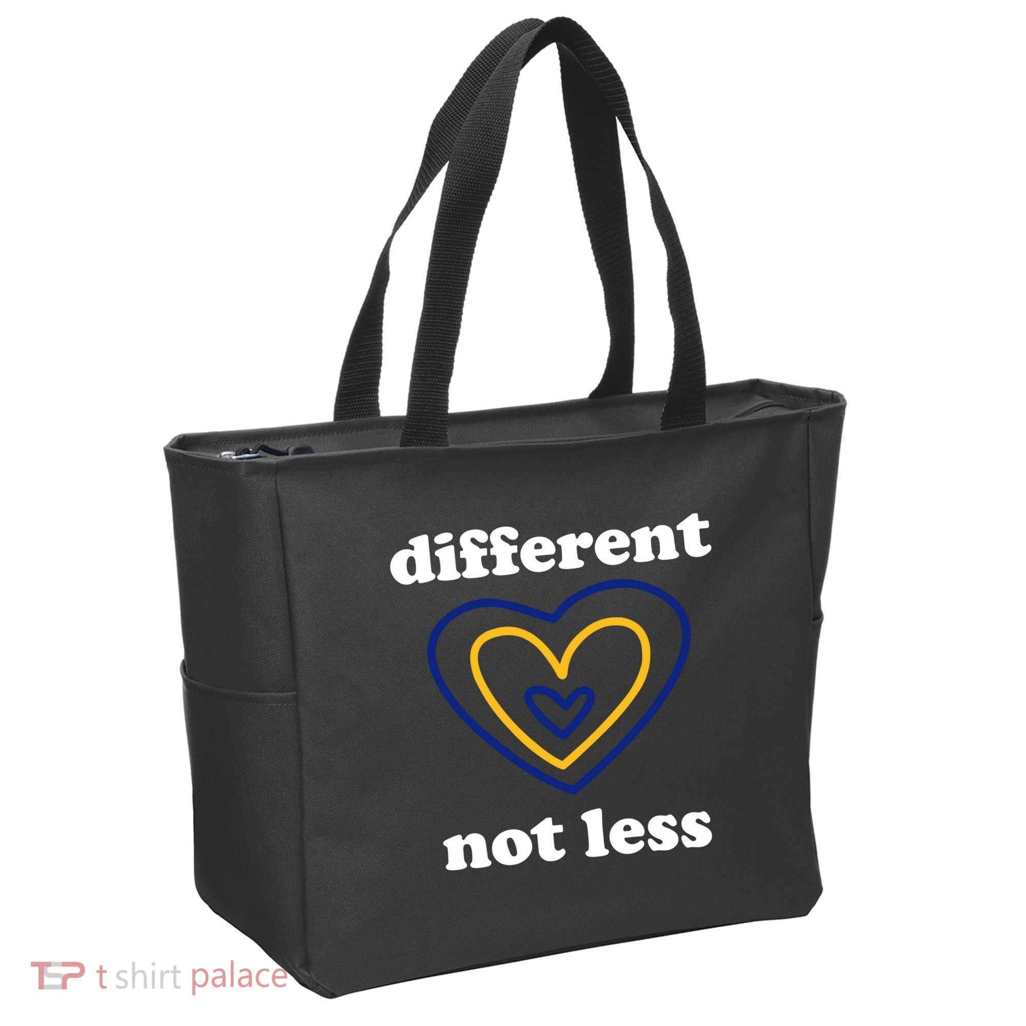 Different Not Less Down Syndrome Awareness Heart Tote Bag
