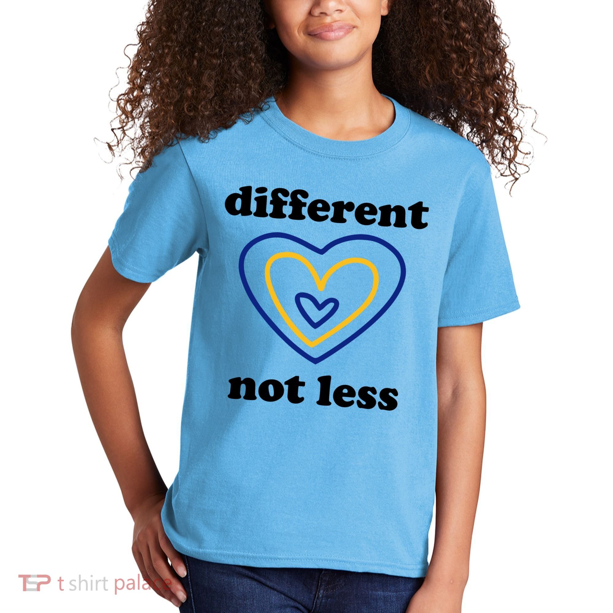 Different Not Less Down Syndrome Awareness Heart Kids T-Shirt