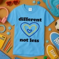Different Not Less Down Syndrome Awareness Heart Kids T-Shirt thumb 3