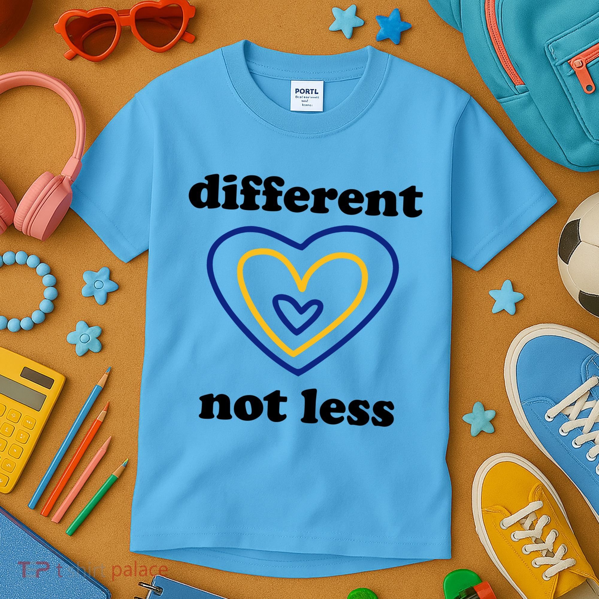 Different Not Less Down Syndrome Awareness Heart Kids T-Shirt