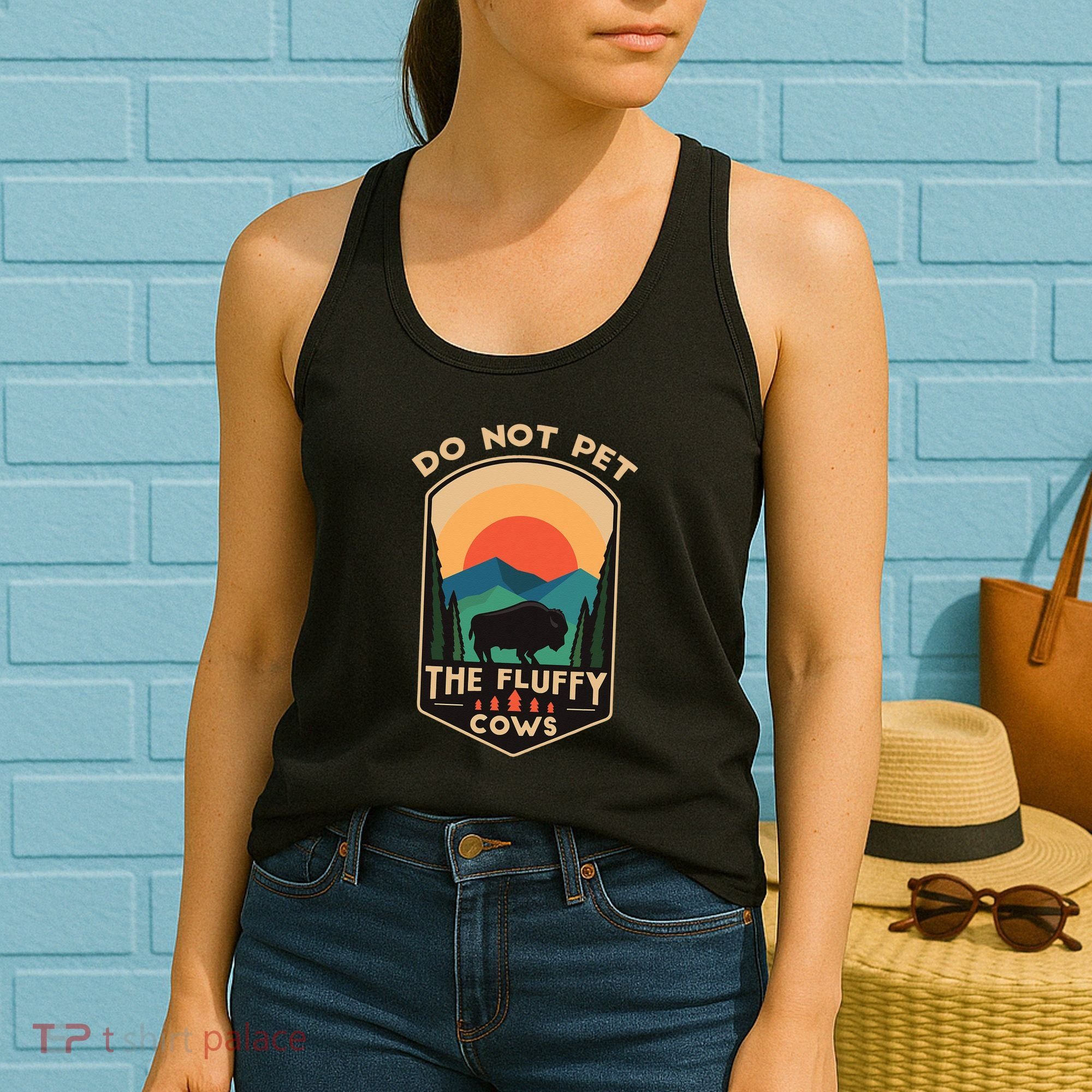 Do Not Pet The Fluffy Cows Funny Retro Yellowstone Park Women's Tank Top