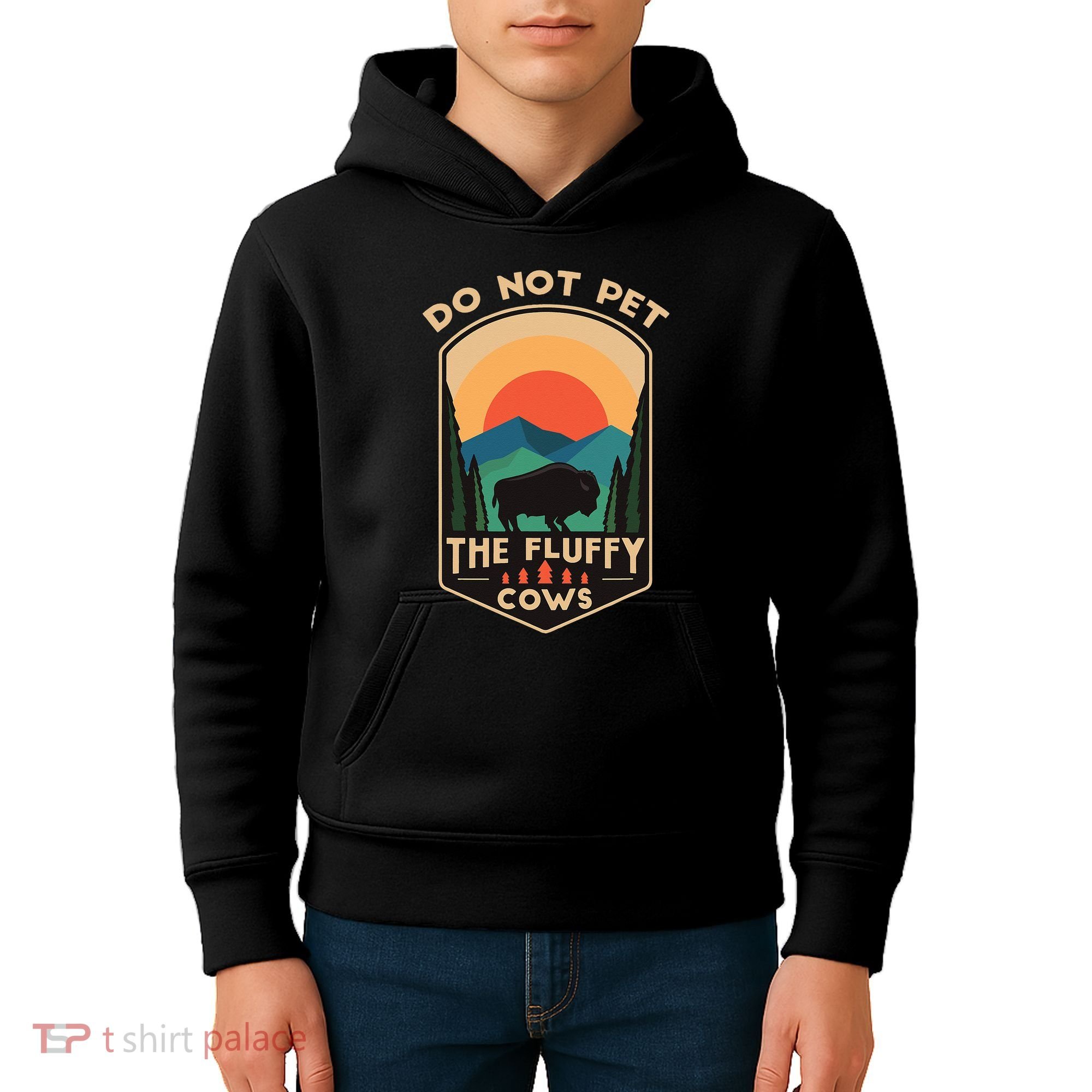 Do Not Pet The Fluffy Cows Funny Retro Yellowstone Park Kids Hoodie