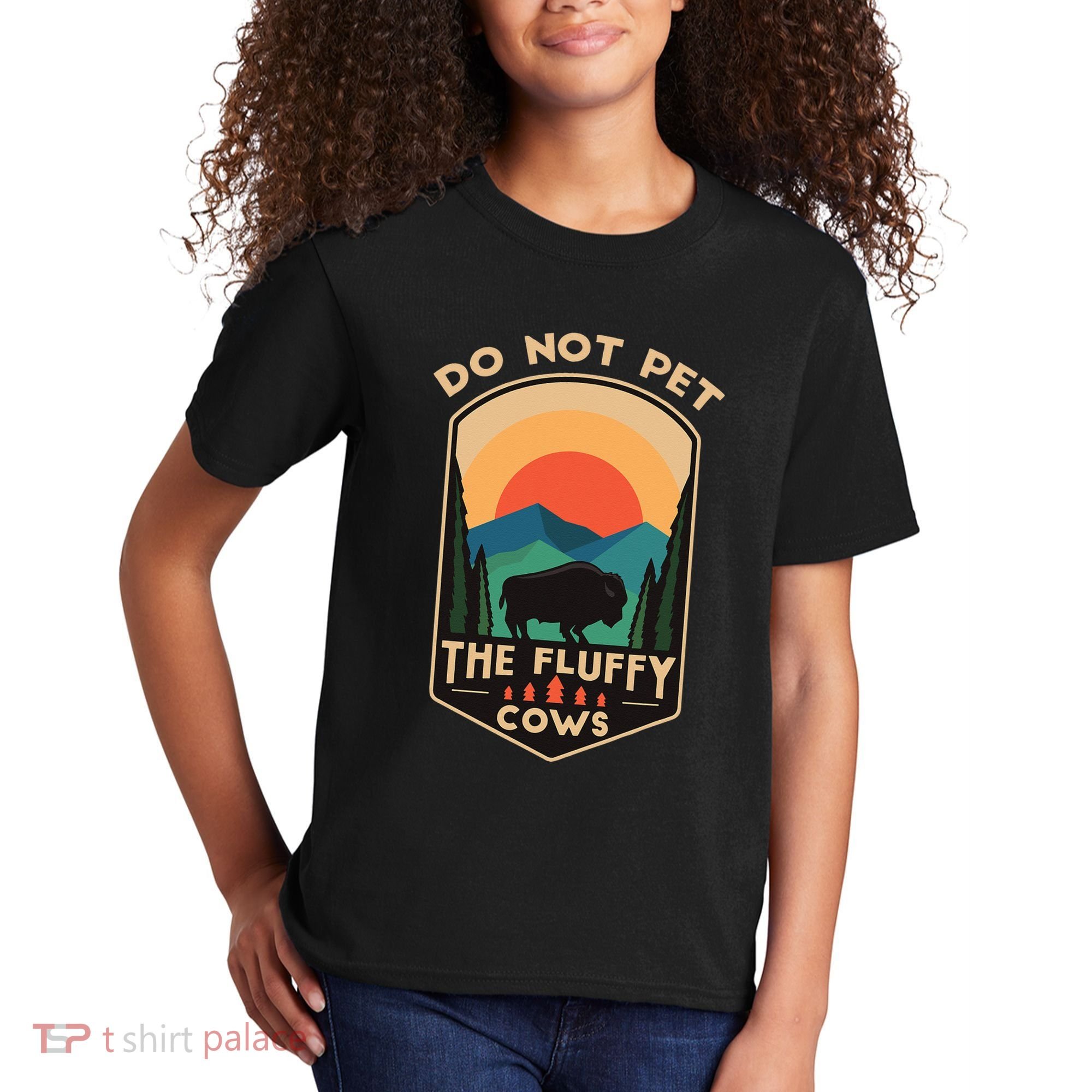 Do Not Pet The Fluffy Cows Funny Retro Yellowstone Park Kids T-Shirt