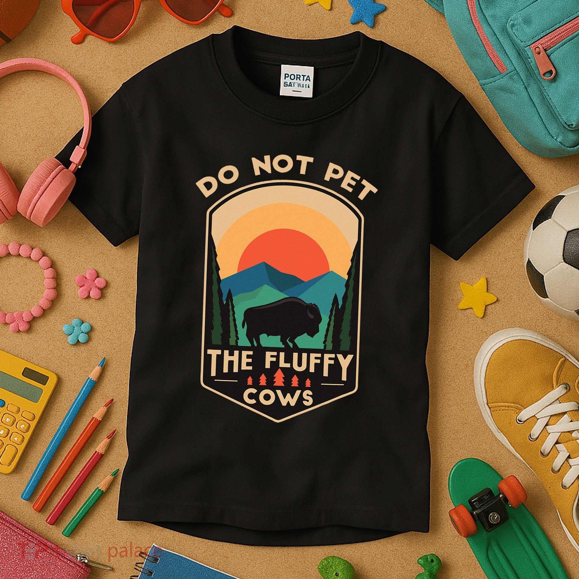 Do Not Pet The Fluffy Cows Funny Retro Yellowstone Park Kids T-Shirt