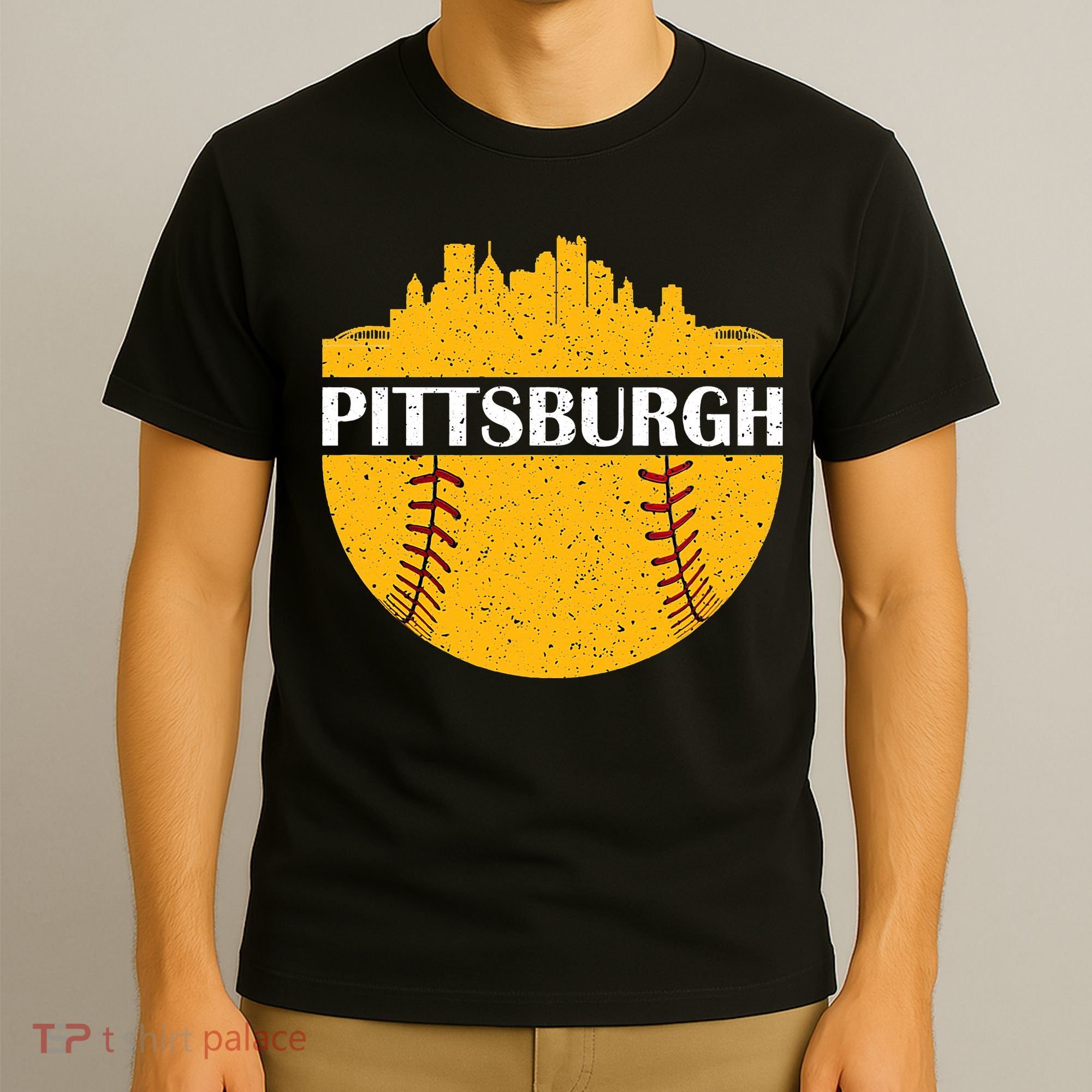 Distressed Novelty Pirate Pittsburgh Baseball Cityscape T-Shirt