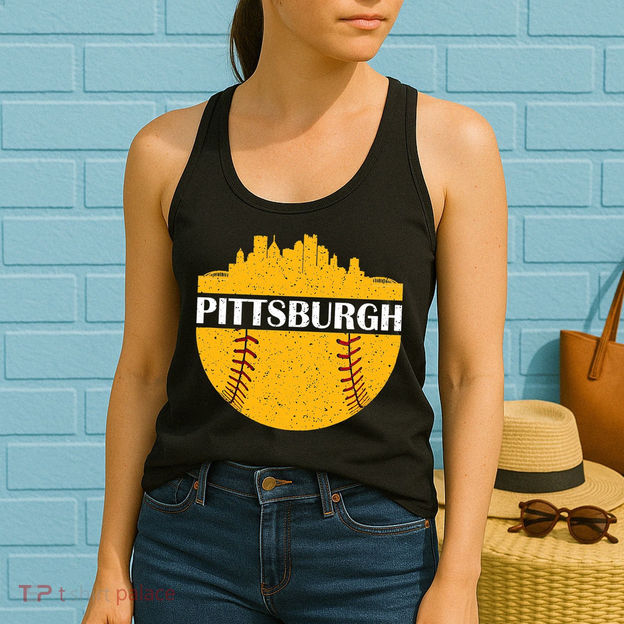Distressed Novelty Pirate Pittsburgh Baseball Cityscape Women's Tank Top