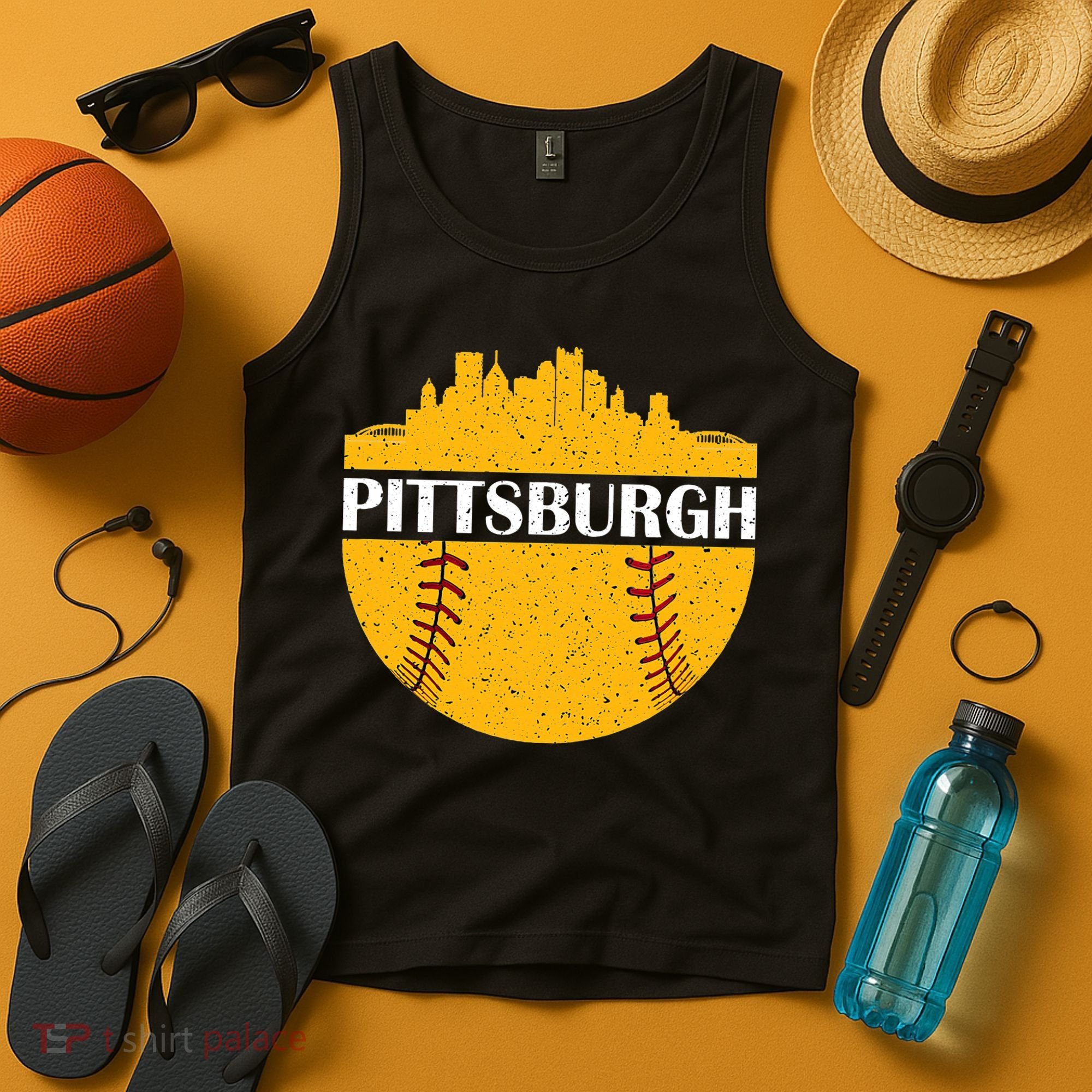 Distressed Novelty Pirate Pittsburgh Baseball Cityscape Tank Top