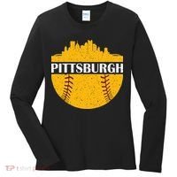 Distressed Novelty Pirate Pittsburgh Baseball Cityscape Women's Long Sleeve Shirt thumb 0