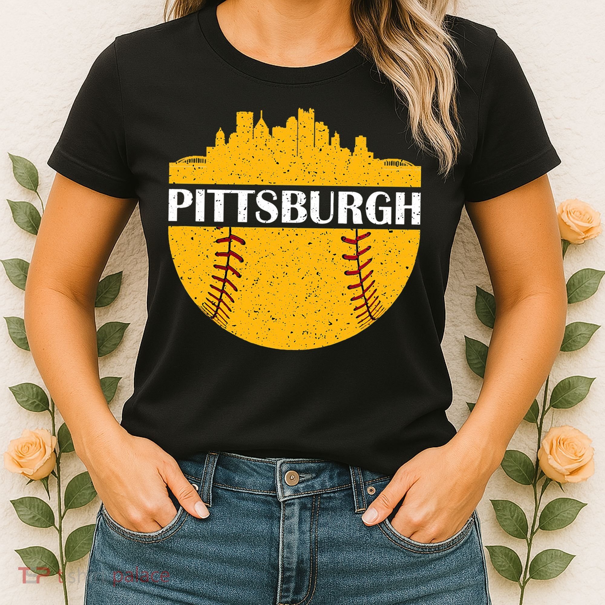 Distressed Novelty Pirate Pittsburgh Baseball Cityscape Women's T-Shirt