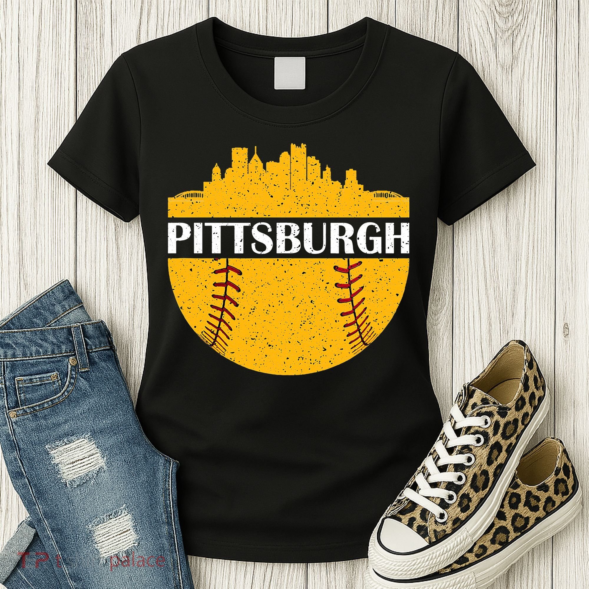 Distressed Novelty Pirate Pittsburgh Baseball Cityscape Women's T-Shirt