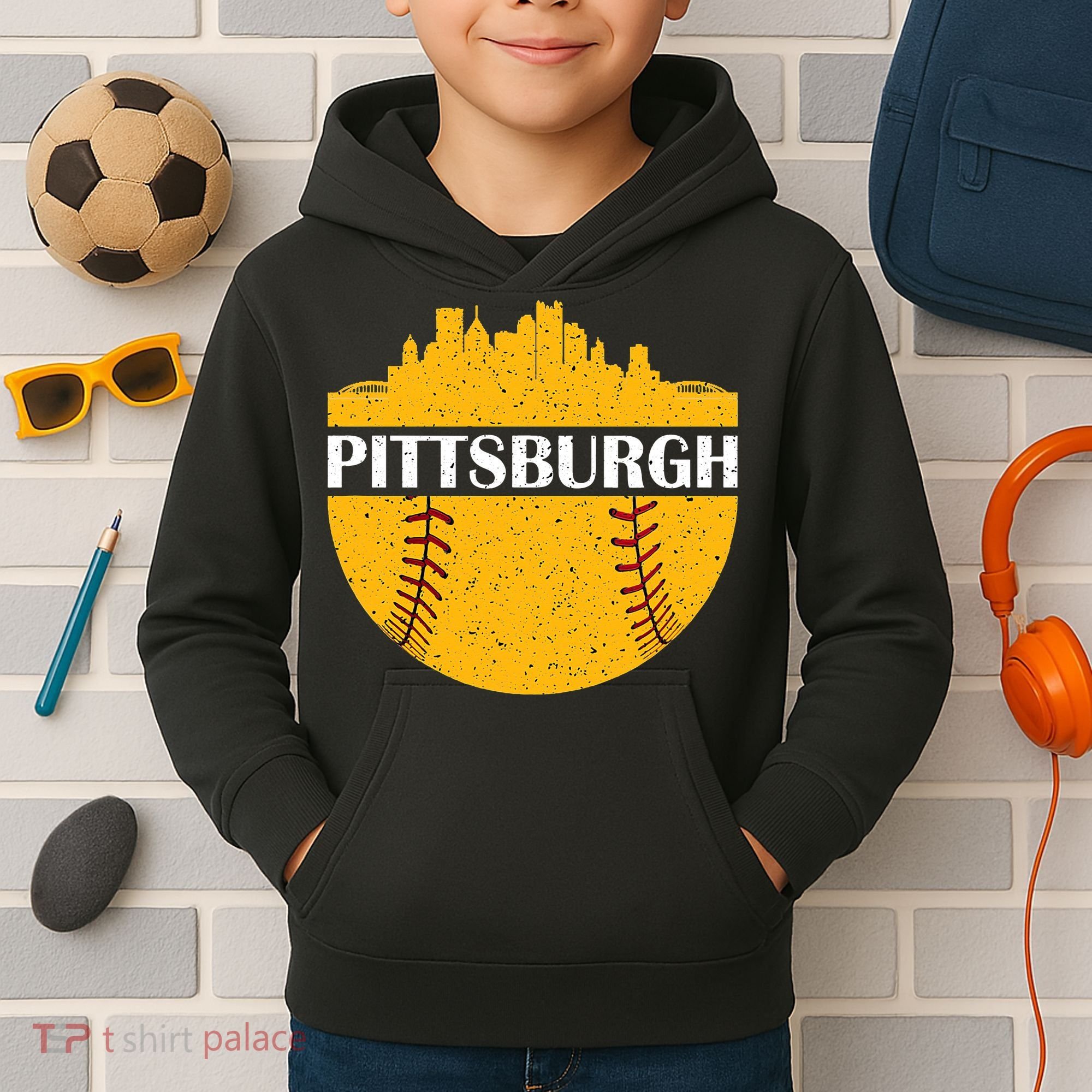 Distressed Novelty Pirate Pittsburgh Baseball Cityscape Kids Hoodie
